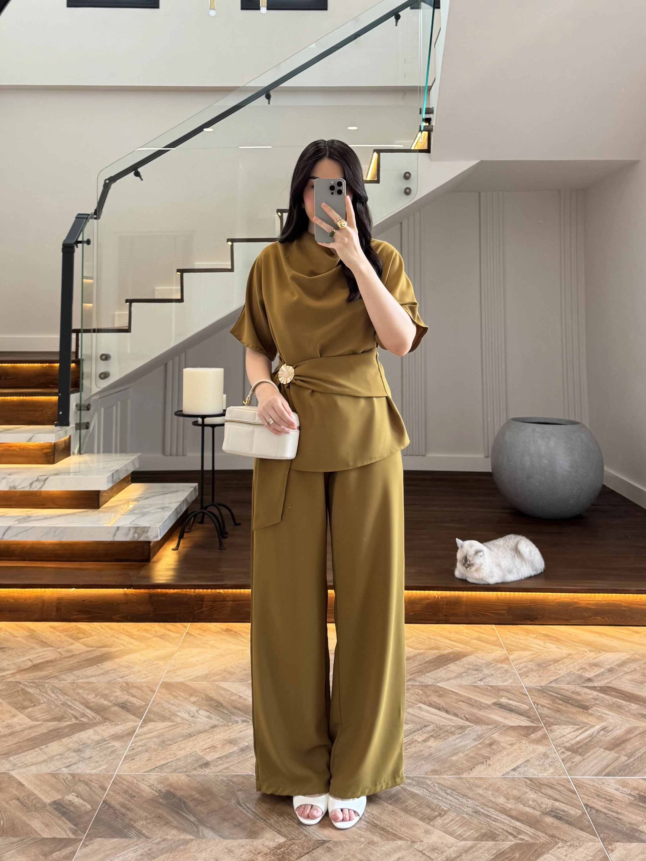 OLİVE YARIM KOL BELİ KUŞAKLI TAKIM -3977