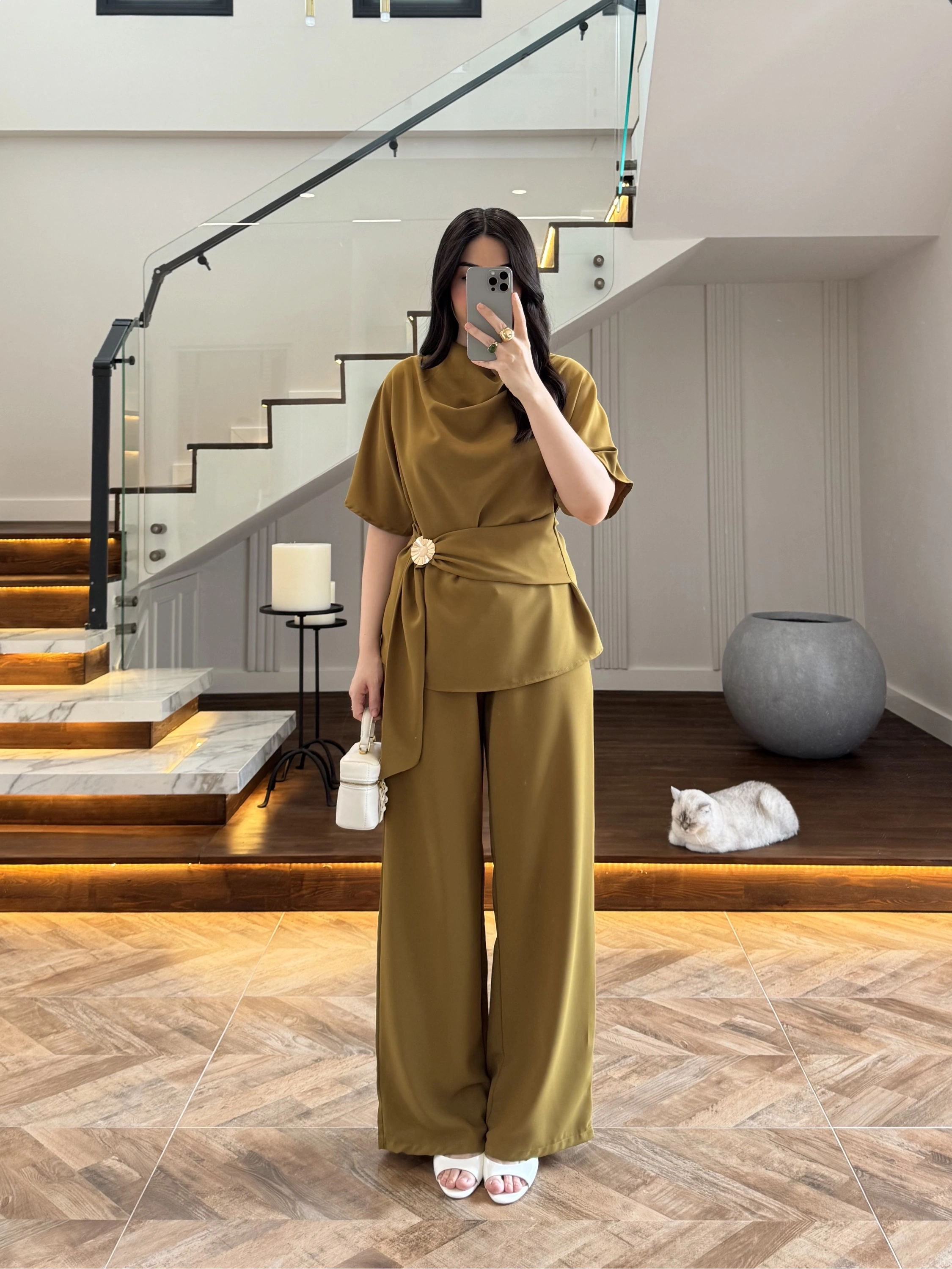 OLİVE YARIM KOL BELİ KUŞAKLI TAKIM -3977