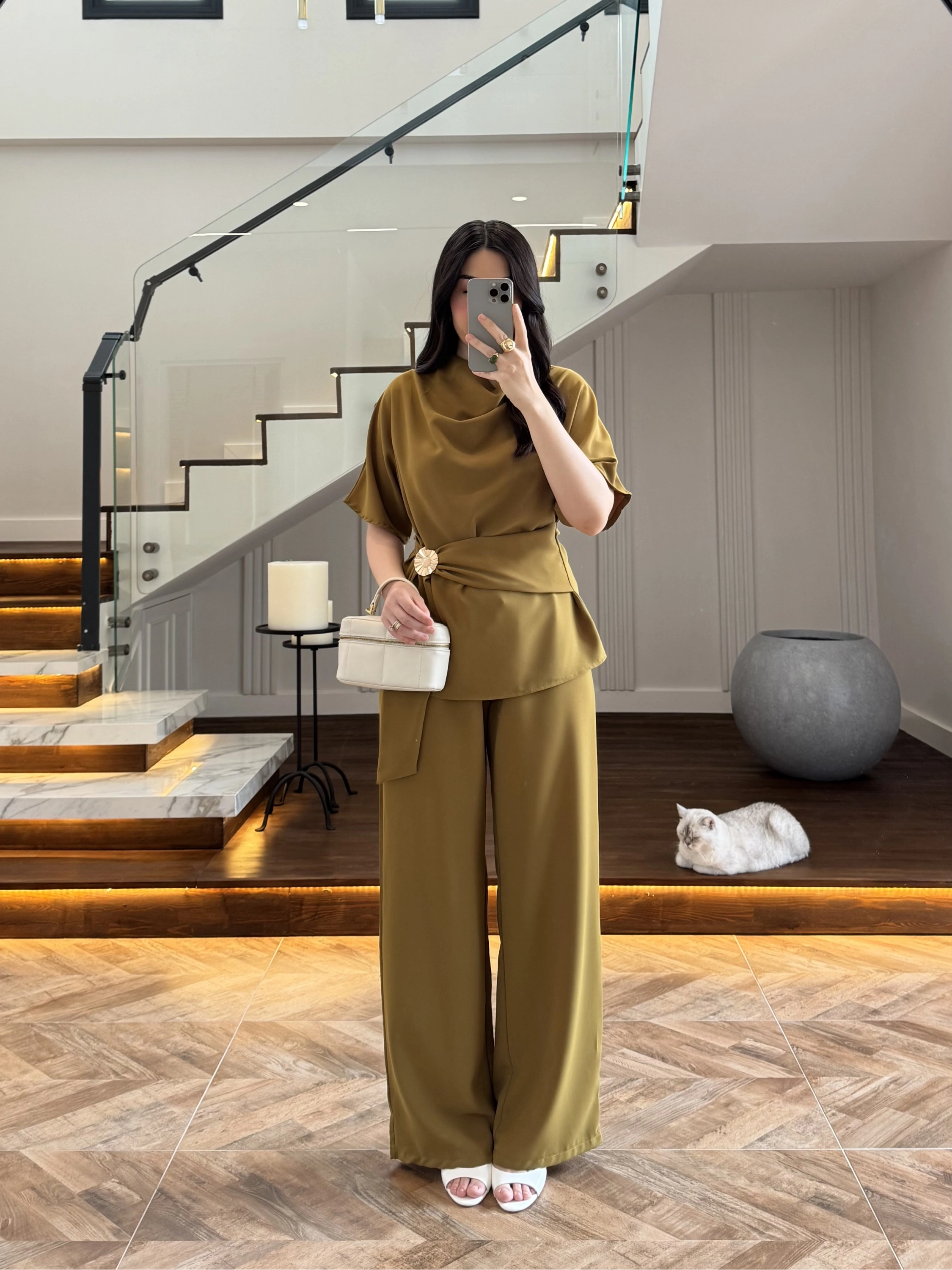 OLİVE YARIM KOL BELİ KUŞAKLI TAKIM -3977