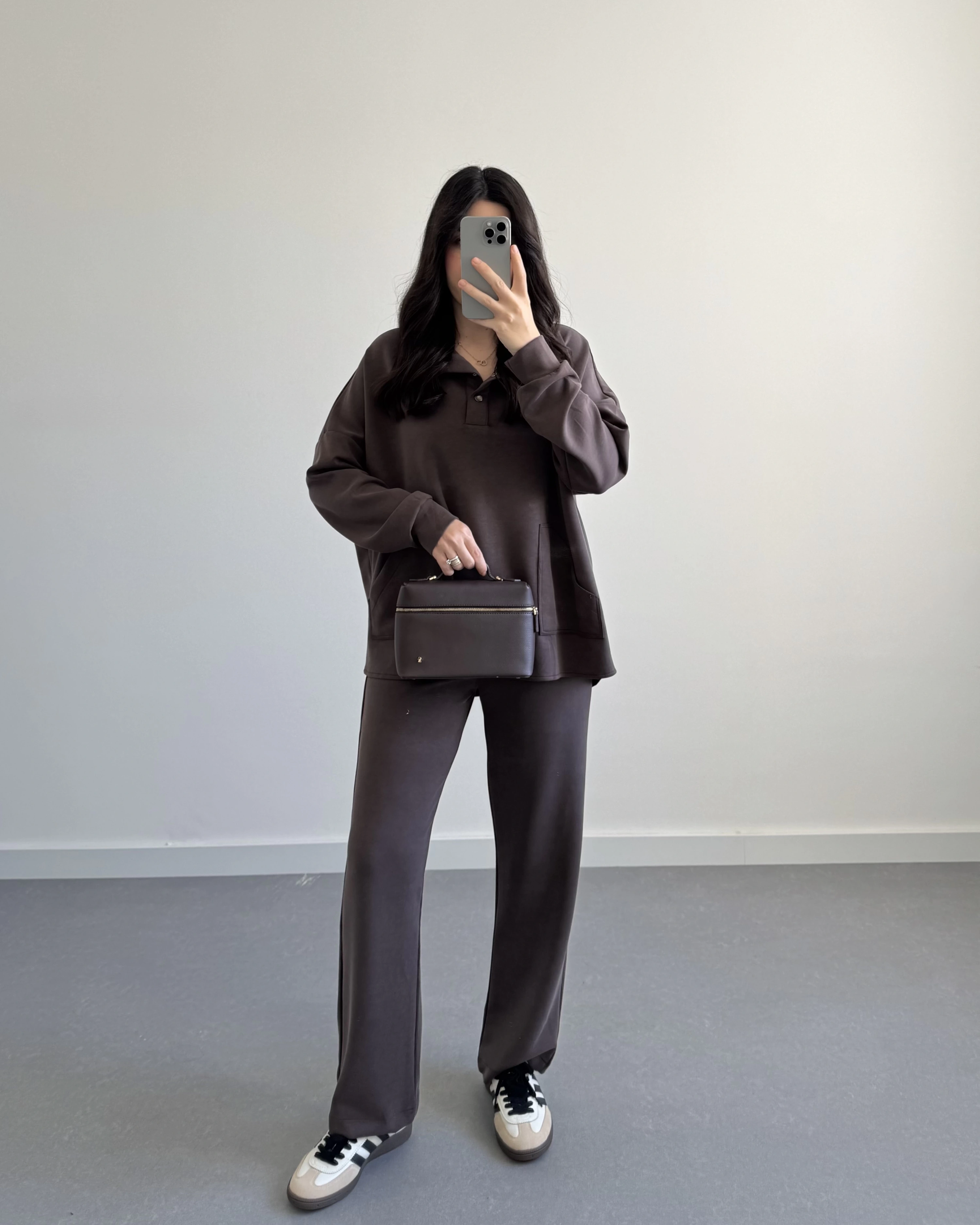 ÖNÜ DÜĞMELİ MODAL TAKIM KAHVE