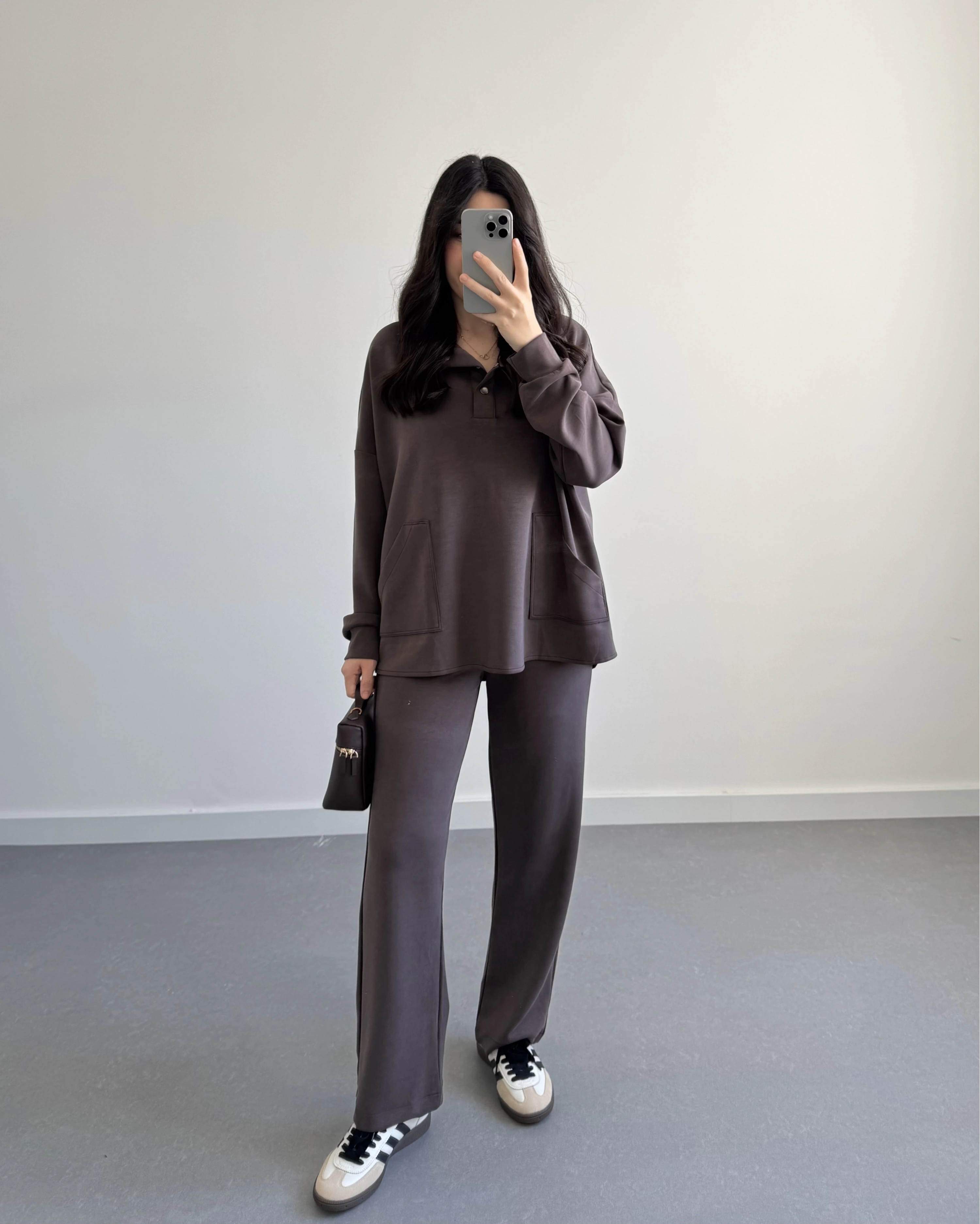 ÖNÜ DÜĞMELİ MODAL TAKIM KAHVE