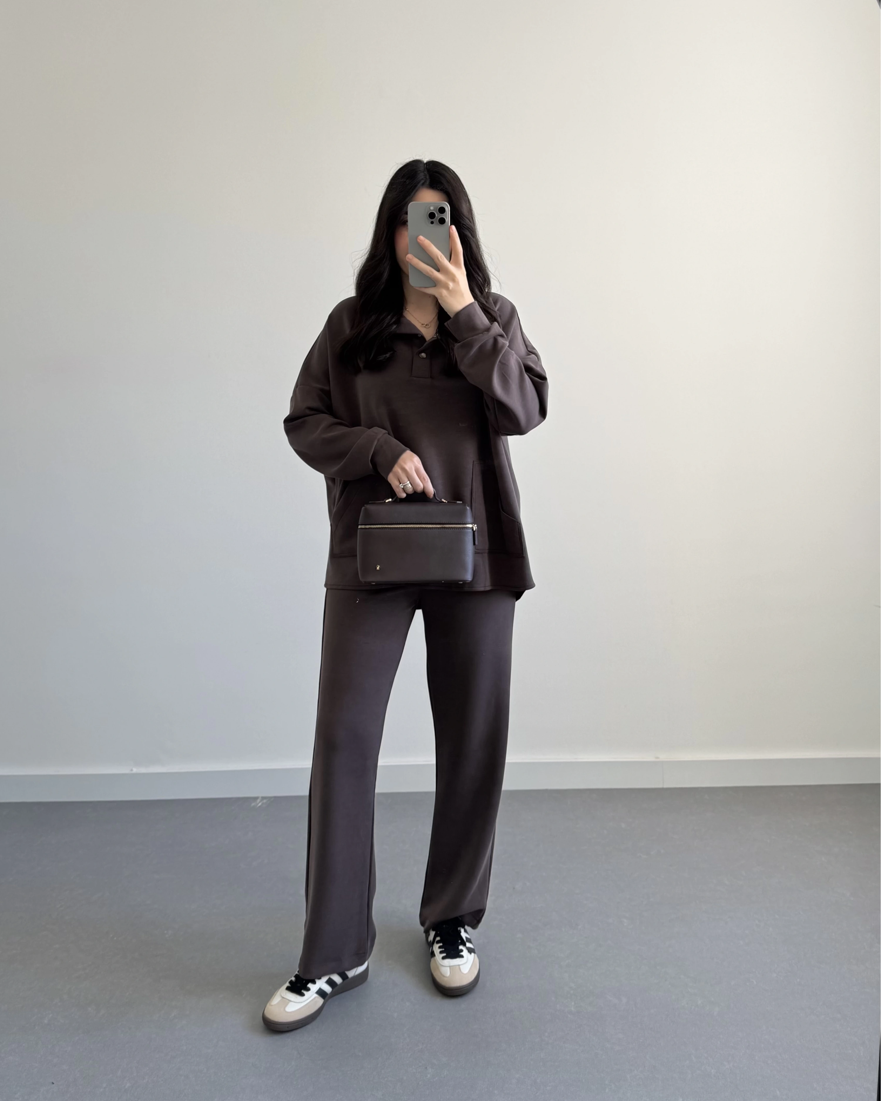 ÖNÜ DÜĞMELİ MODAL TAKIM KAHVE