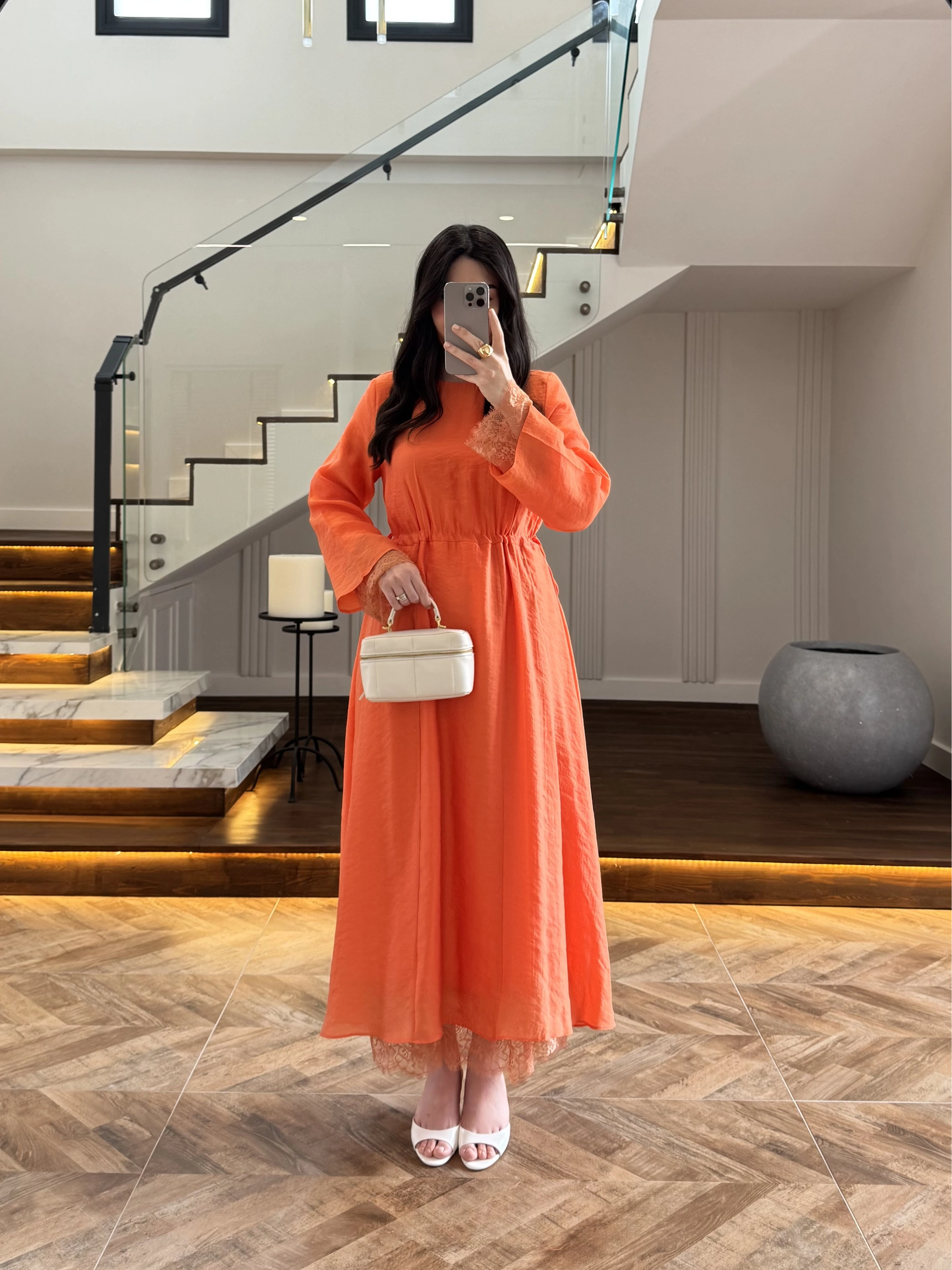 ORANGE DANTELLİ TENSEL ELBİSE-32466