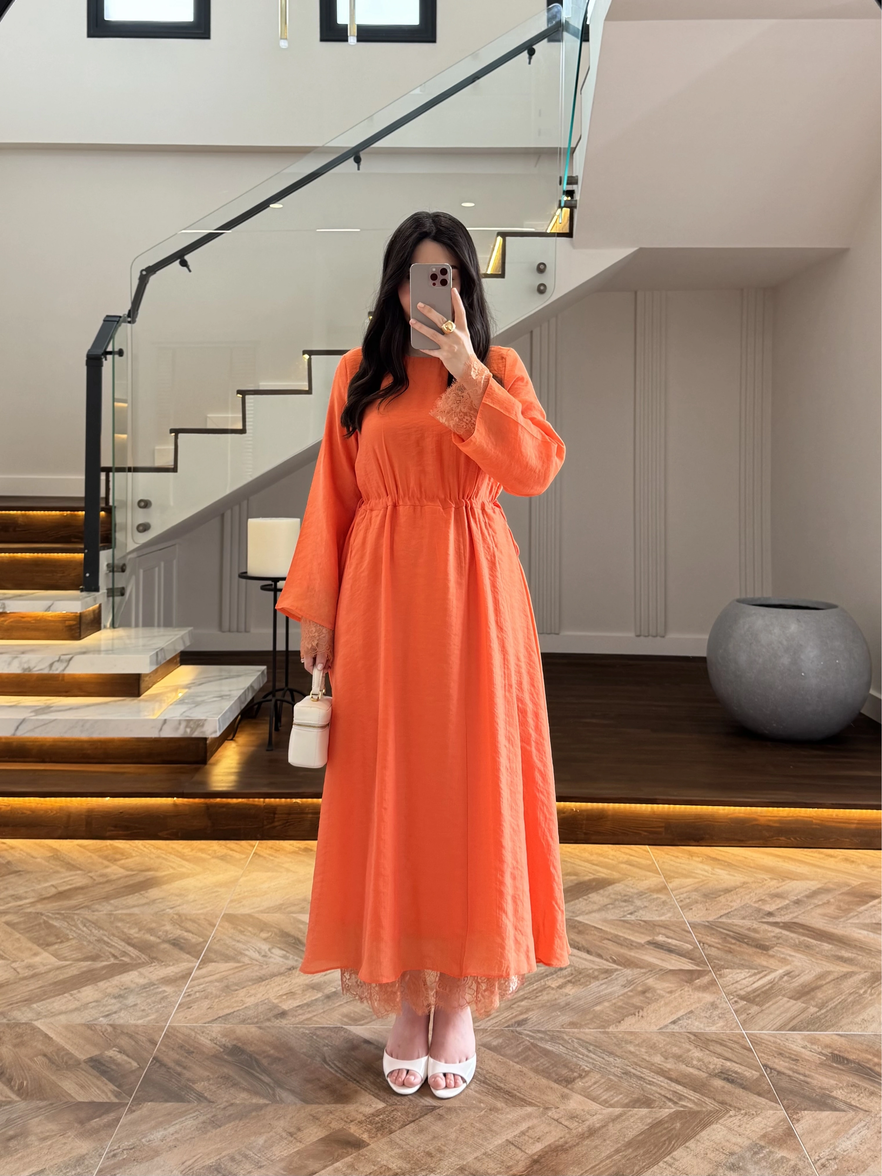 ORANGE DANTELLİ TENSEL ELBİSE-32466