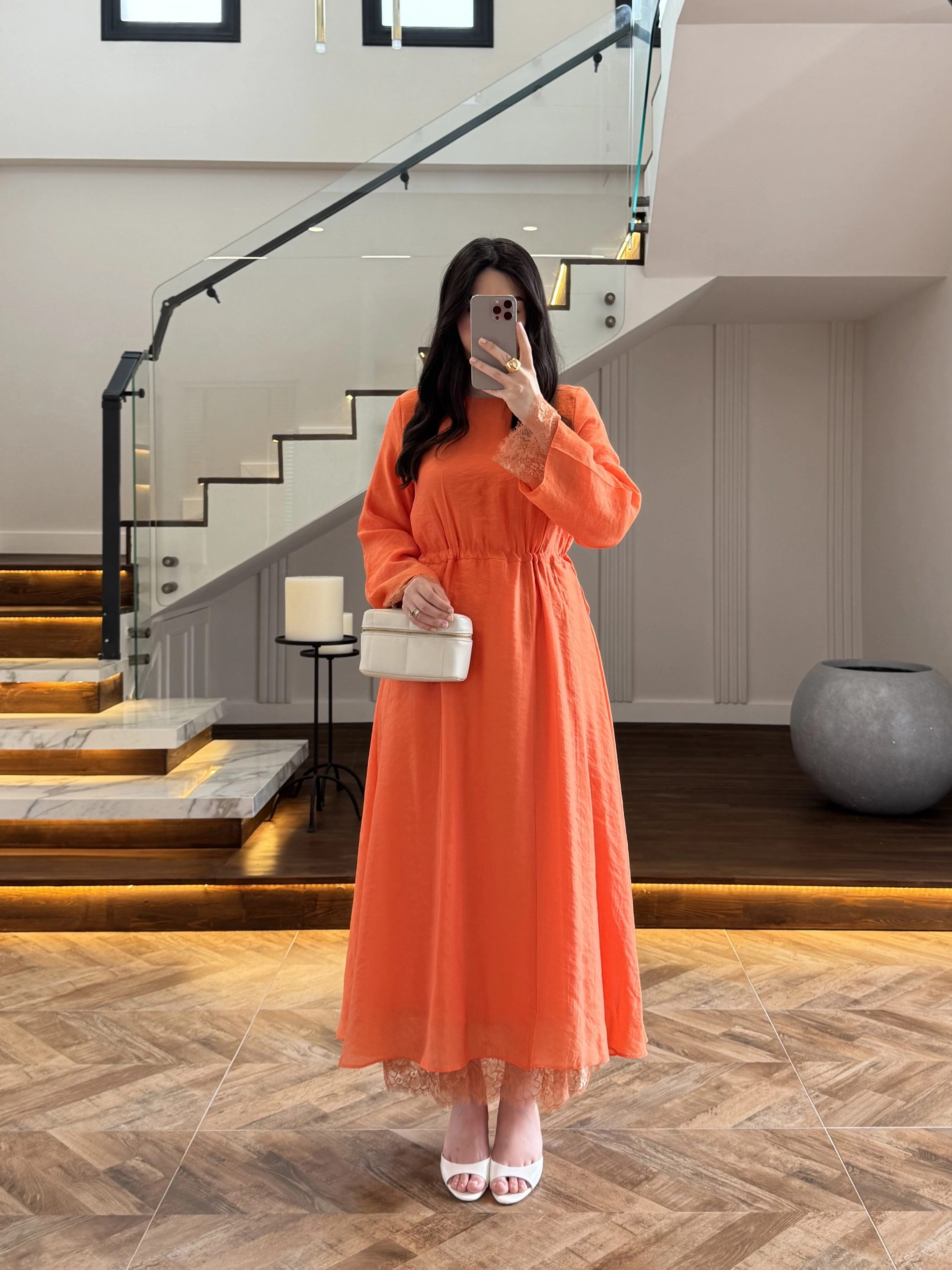 ORANGE DANTELLİ TENSEL ELBİSE-32466