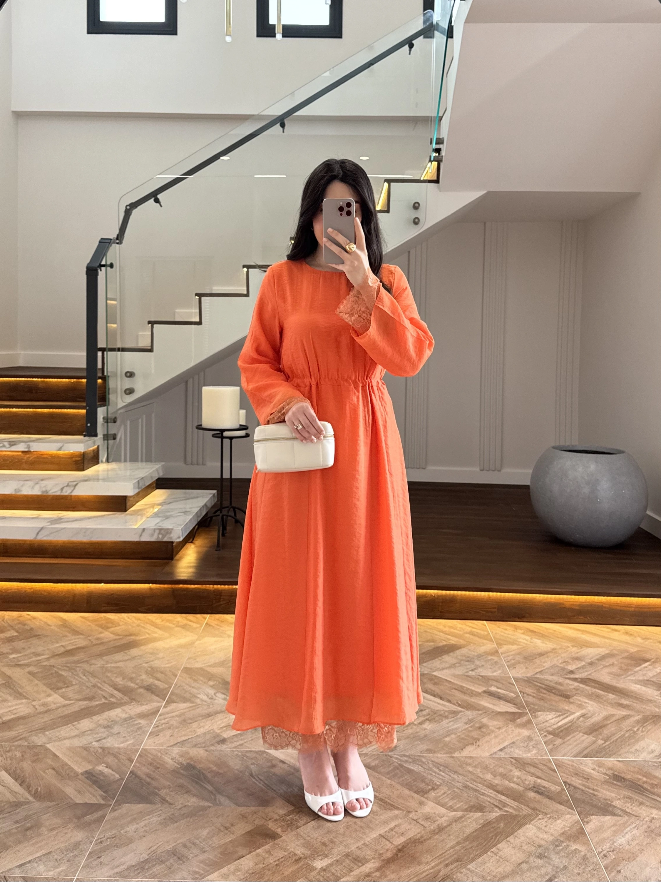 ORANGE DANTELLİ TENSEL ELBİSE-32466