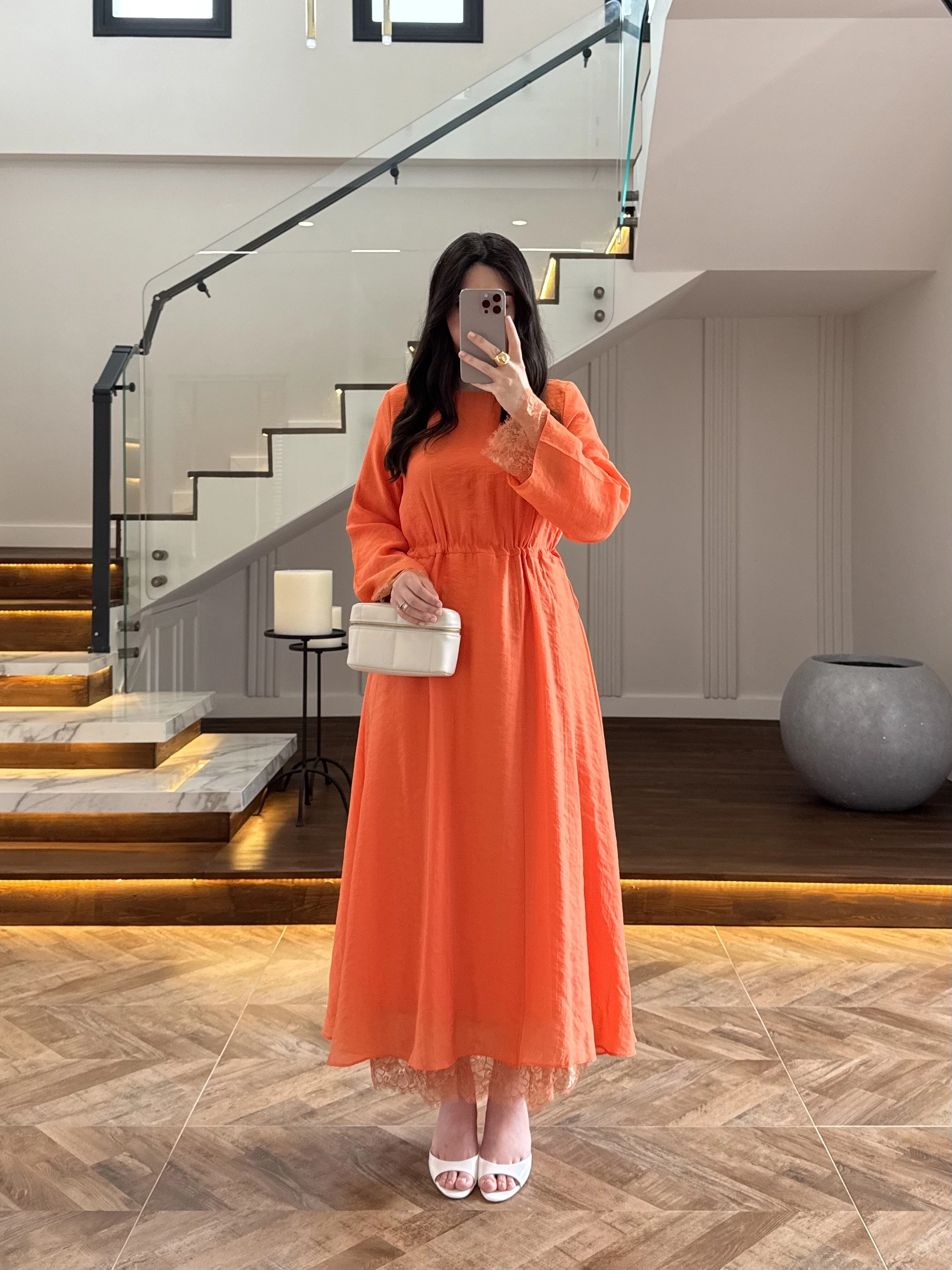 ORANGE DANTELLİ TENSEL ELBİSE-32466
