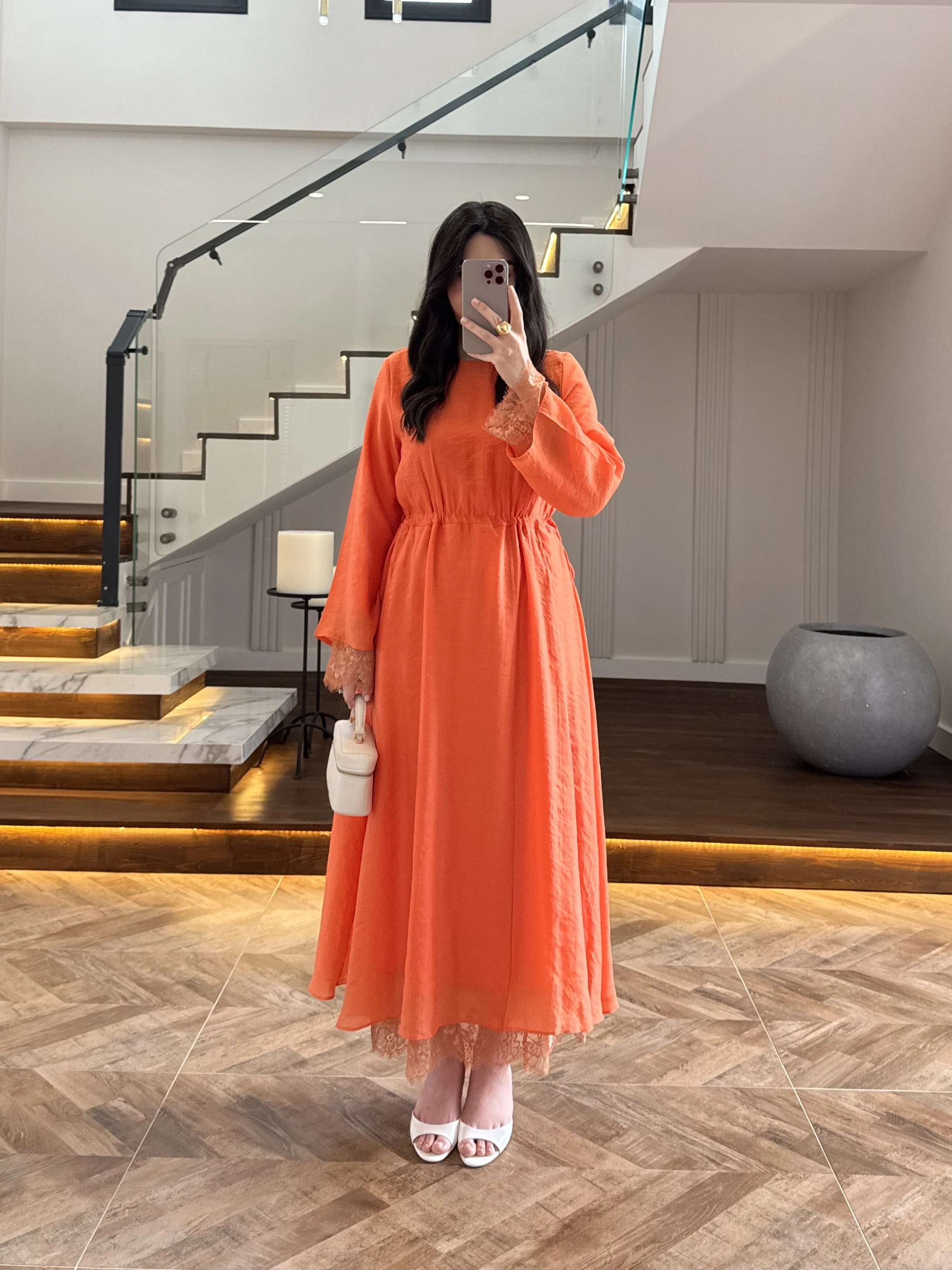 ORANGE DANTELLİ TENSEL ELBİSE-32466
