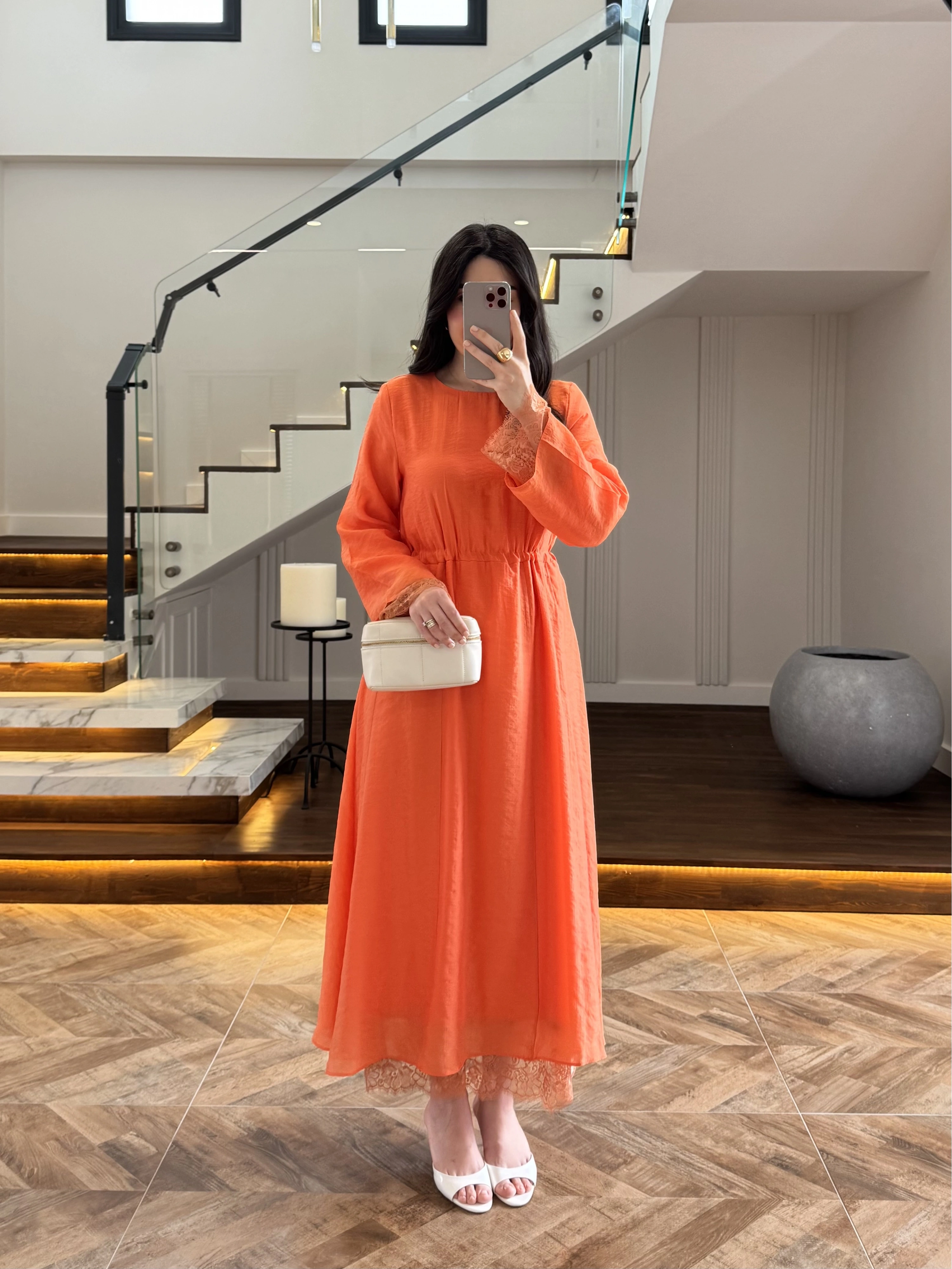 ORANGE DANTELLİ TENSEL ELBİSE-32466