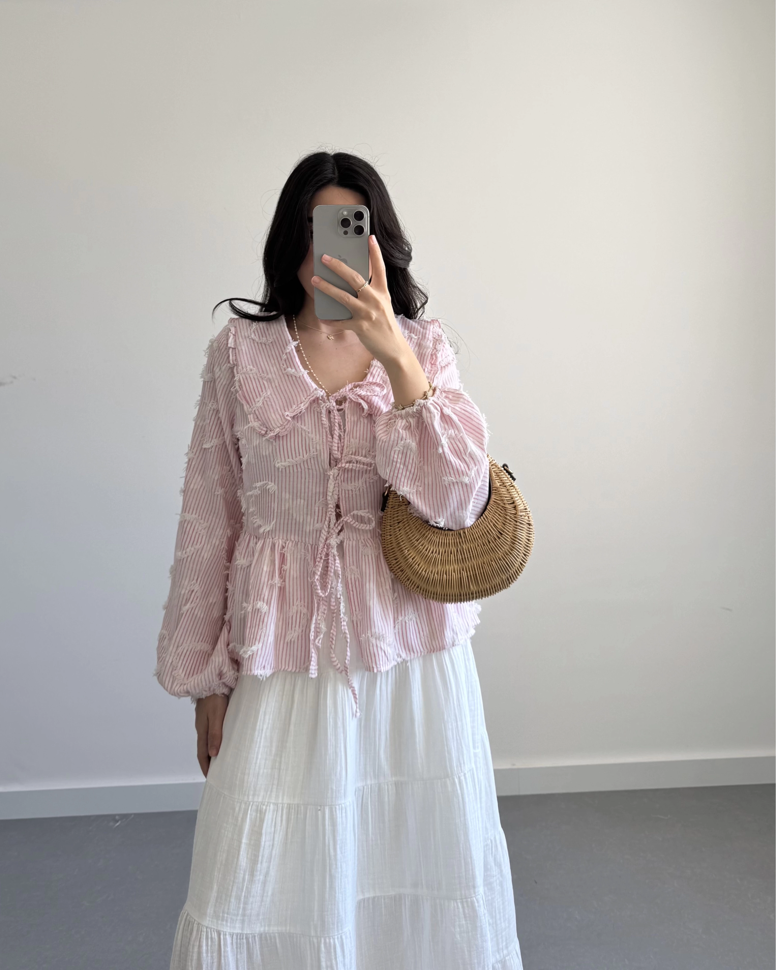 PEMBE ÇİZGİLİ BEBE YAKA PÜSKÜL BLUZ