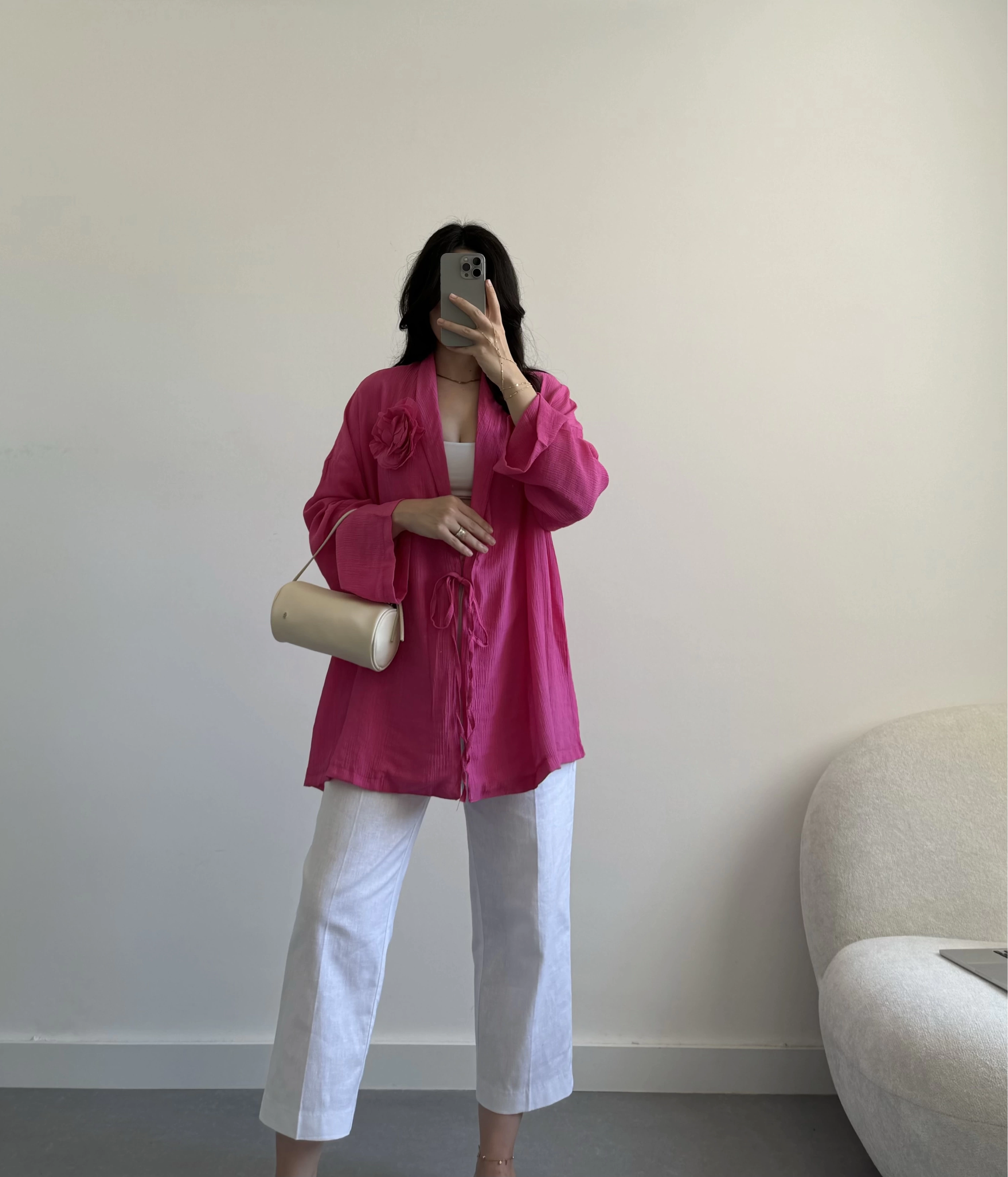 Pembe gül bronşlu kimono