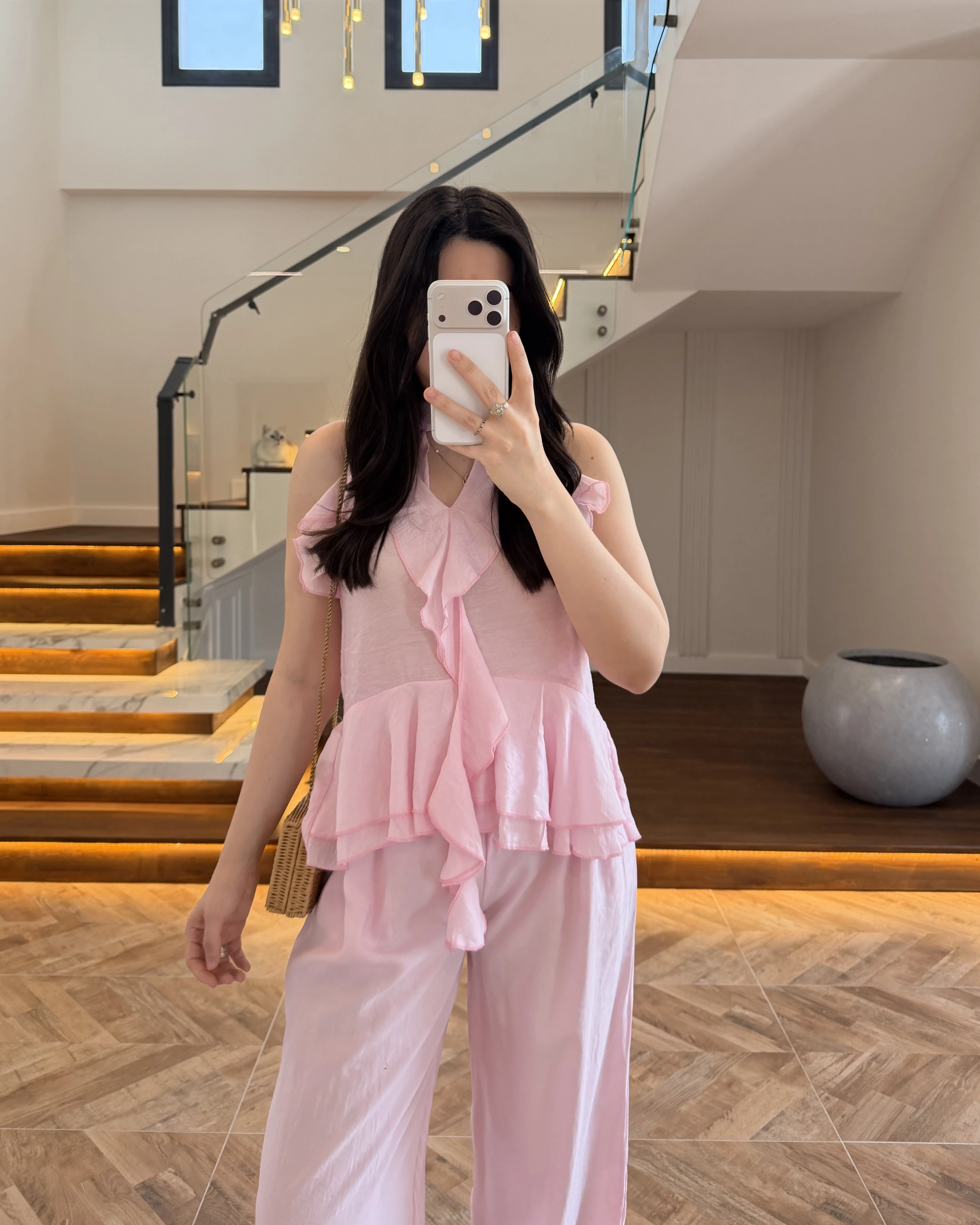 PEMBE HALTER YAKA VOLANLI BLUZ-5390