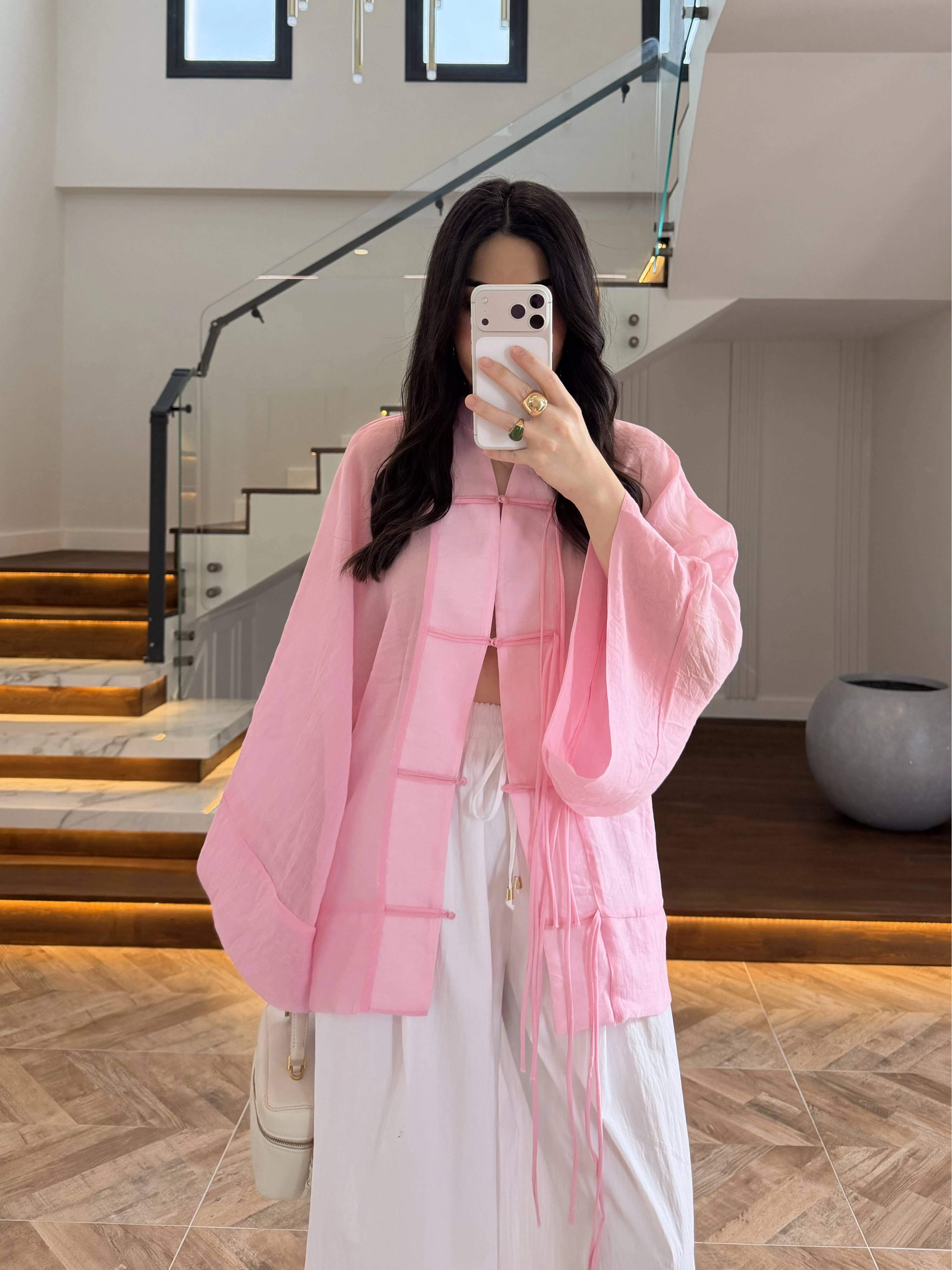 PEMBE İP BAĞCIKLI GÖMLEK -5098