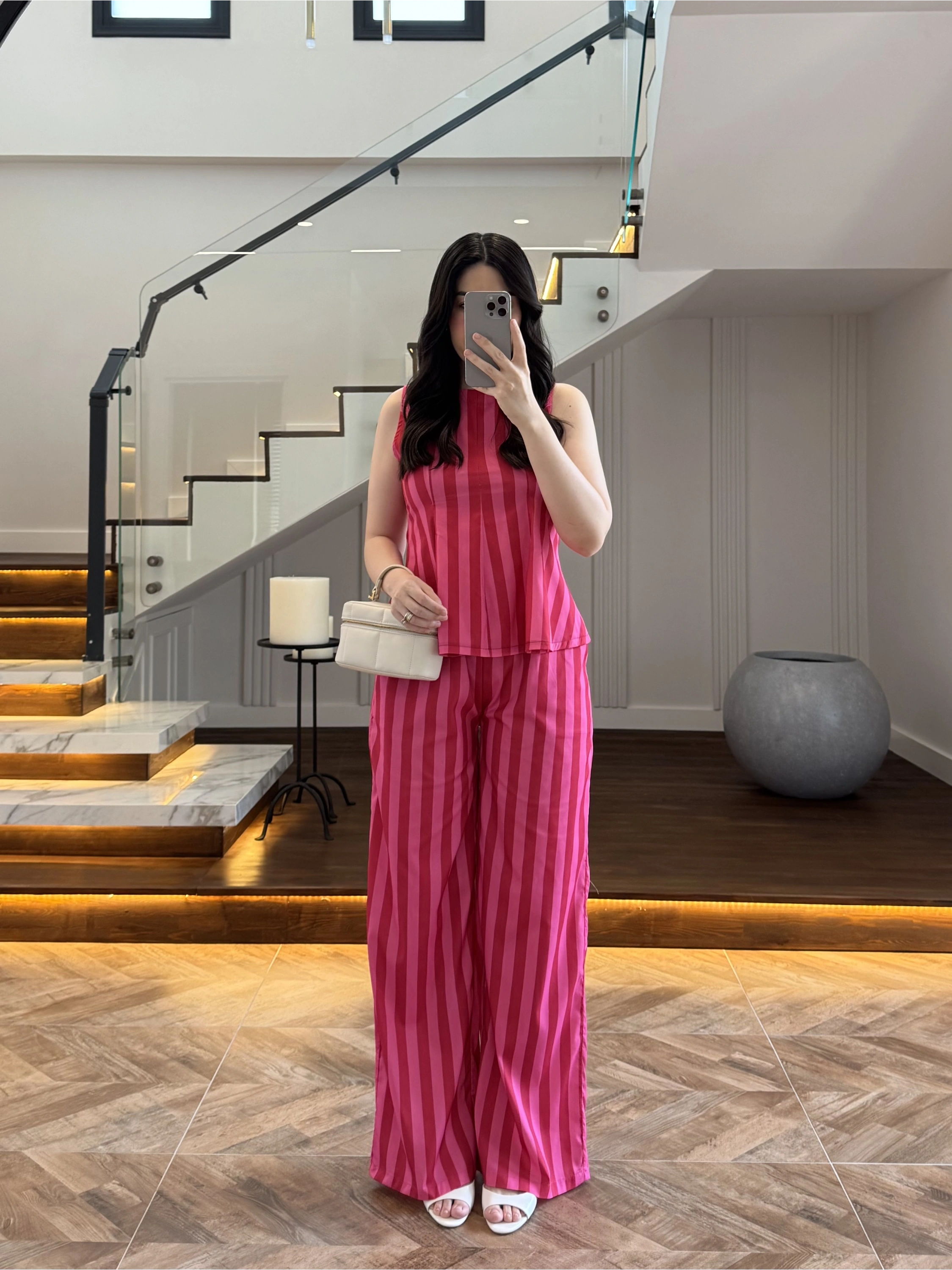 PEMBE KIRMIZI ÇİZGİLİ BLUZ PANTOLON TAKIM -4174