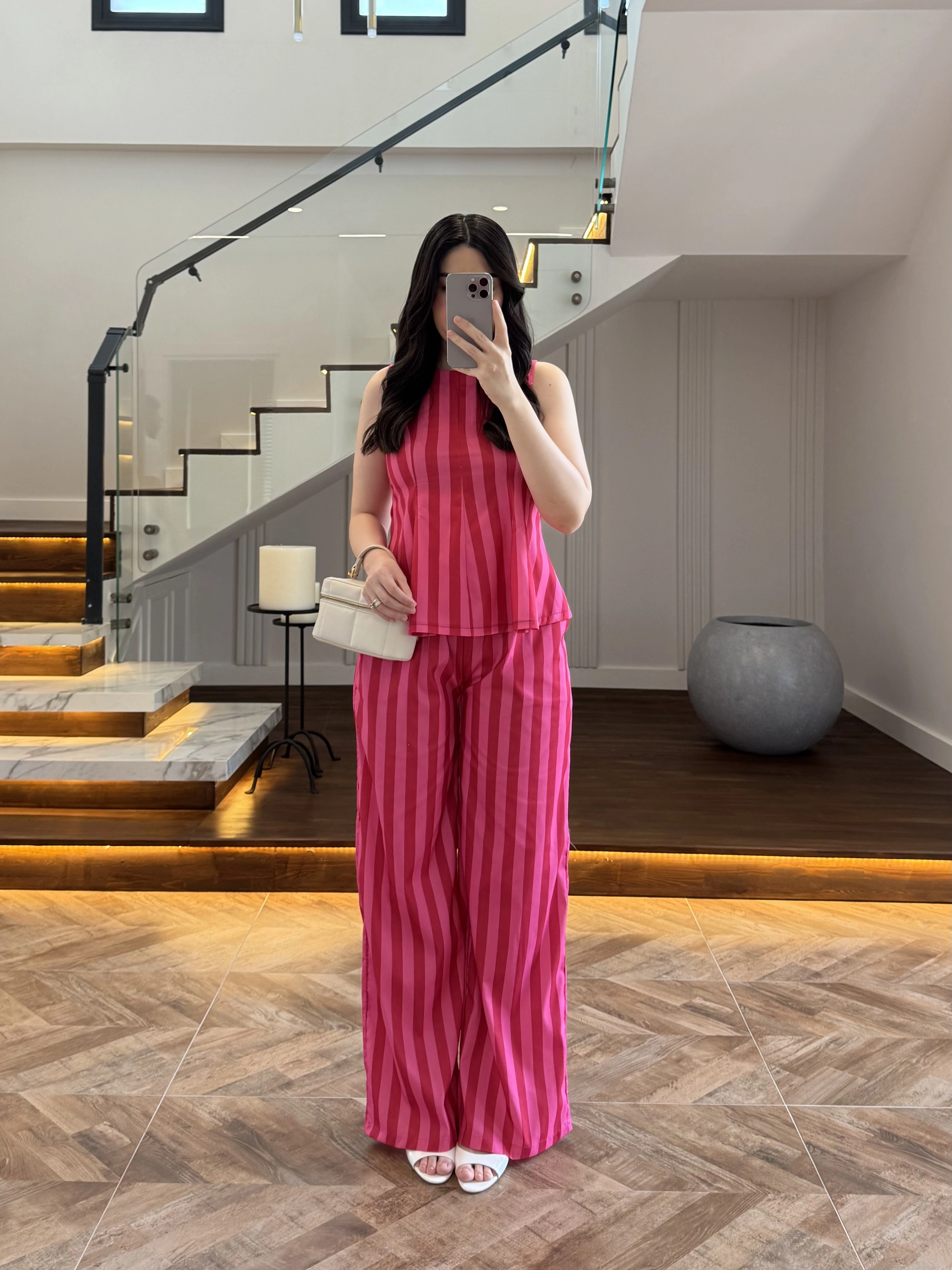 PEMBE KIRMIZI ÇİZGİLİ BLUZ PANTOLON TAKIM -4174