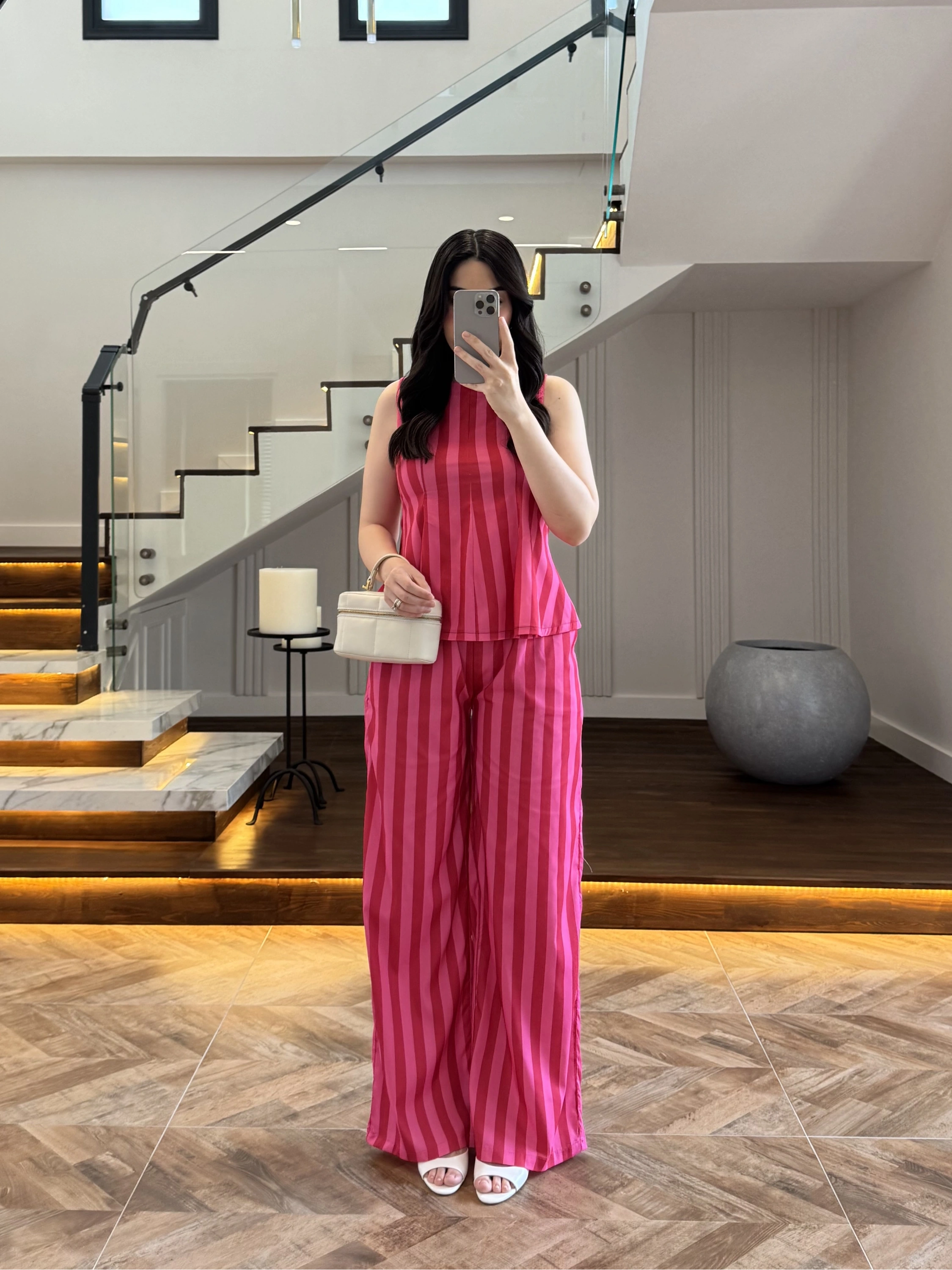 PEMBE KIRMIZI ÇİZGİLİ BLUZ PANTOLON TAKIM -4174