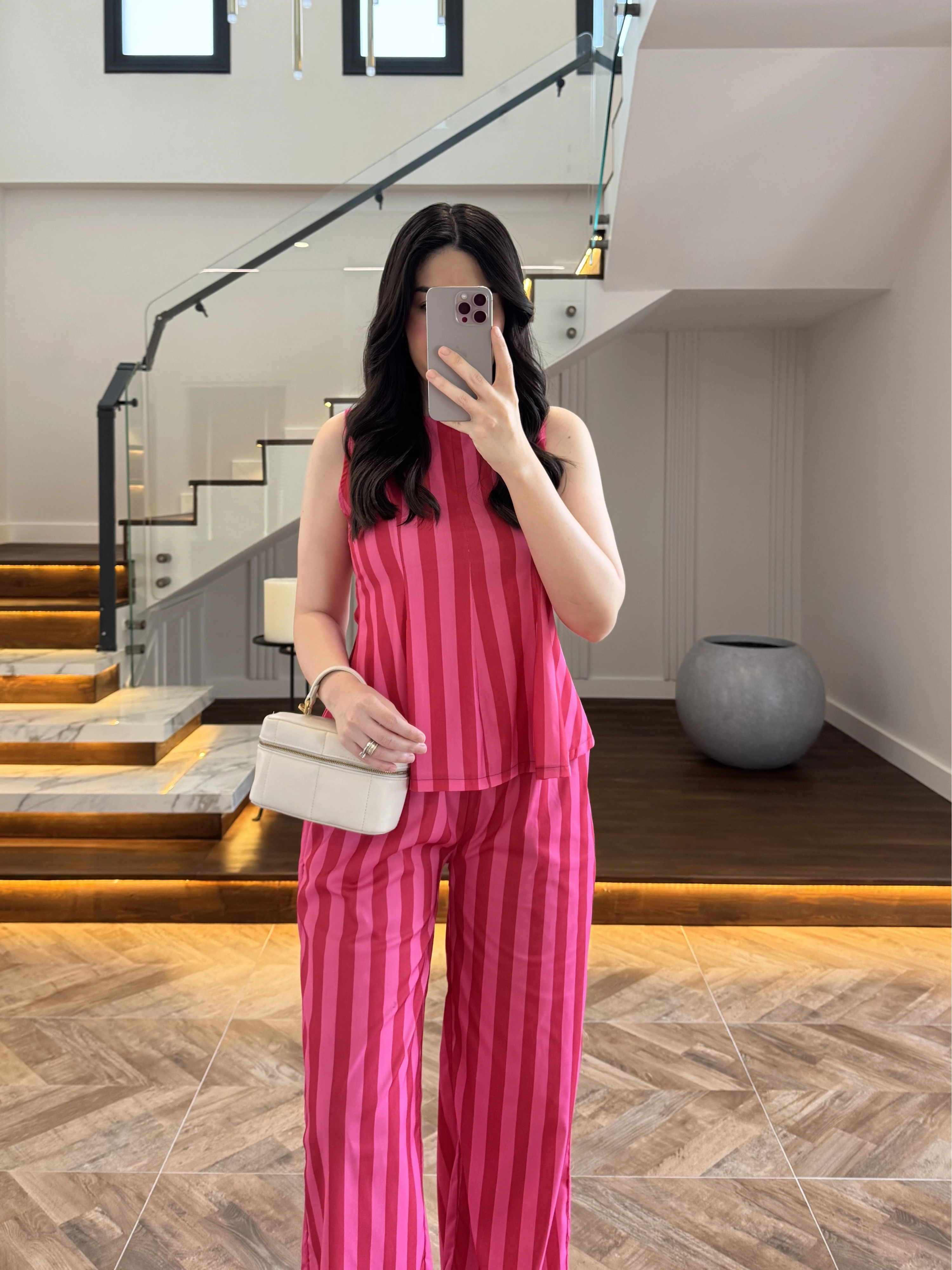 PEMBE KIRMIZI ÇİZGİLİ BLUZ PANTOLON TAKIM -4174