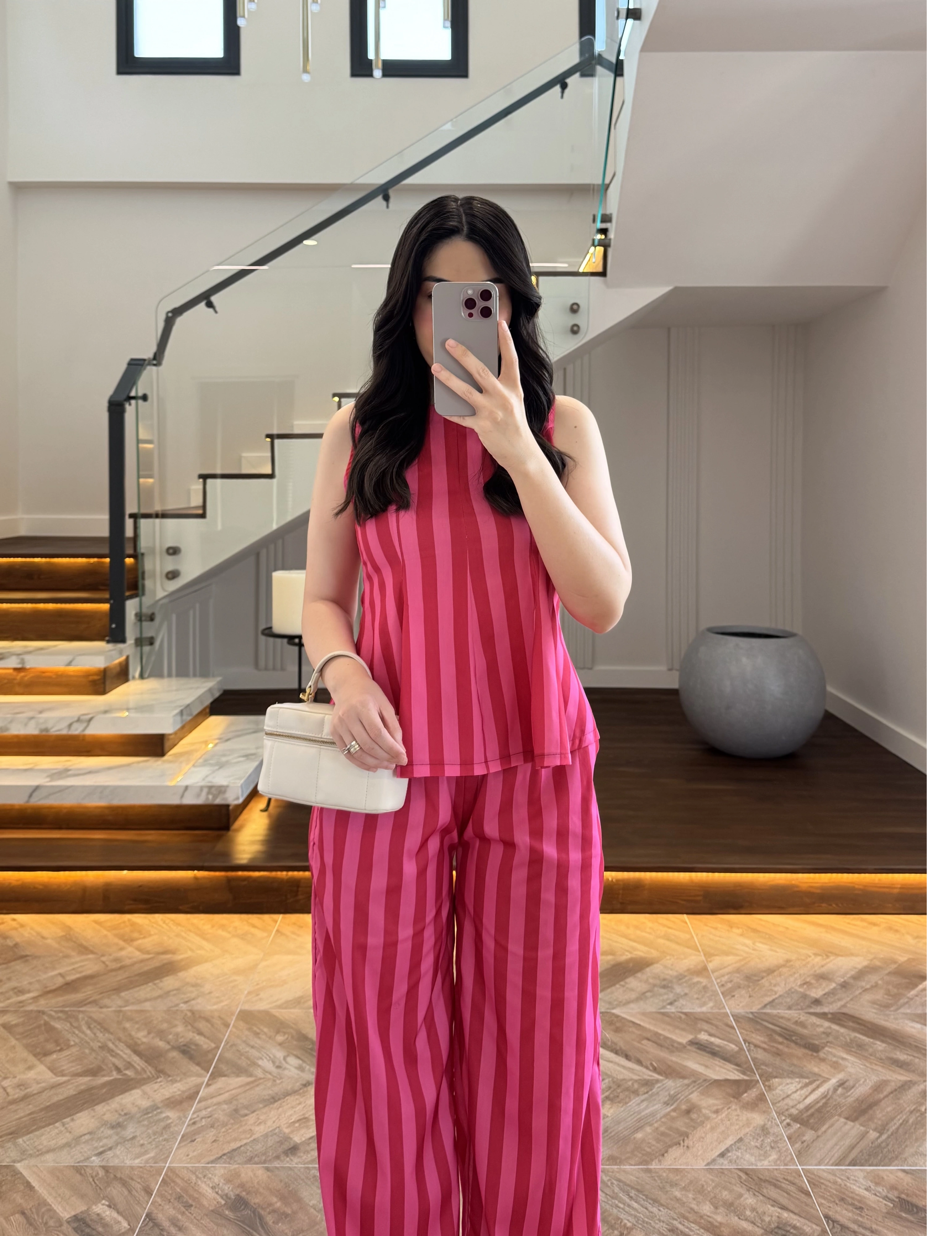 PEMBE KIRMIZI ÇİZGİLİ BLUZ PANTOLON TAKIM -4174