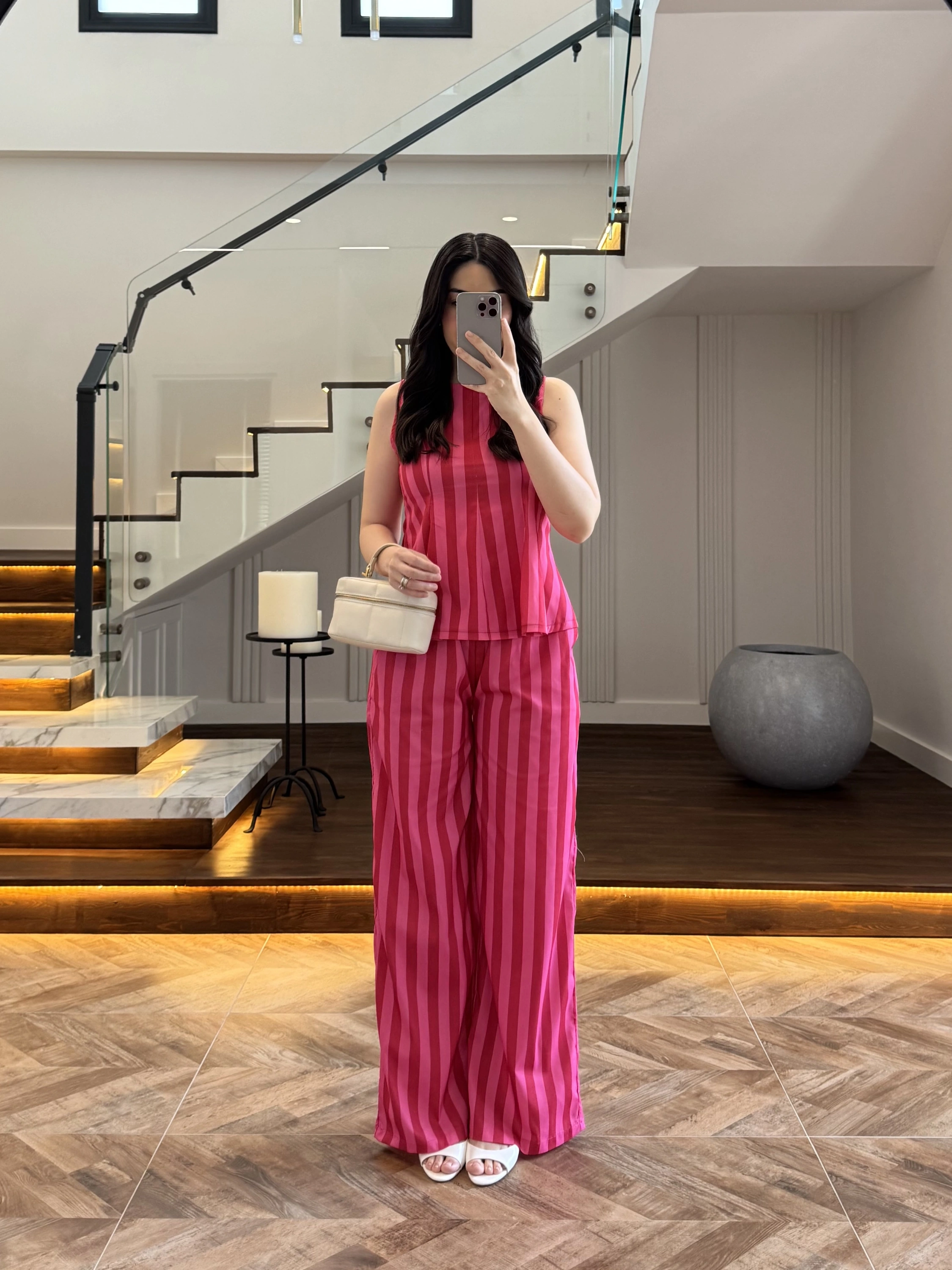 PEMBE KIRMIZI ÇİZGİLİ BLUZ PANTOLON TAKIM -4174