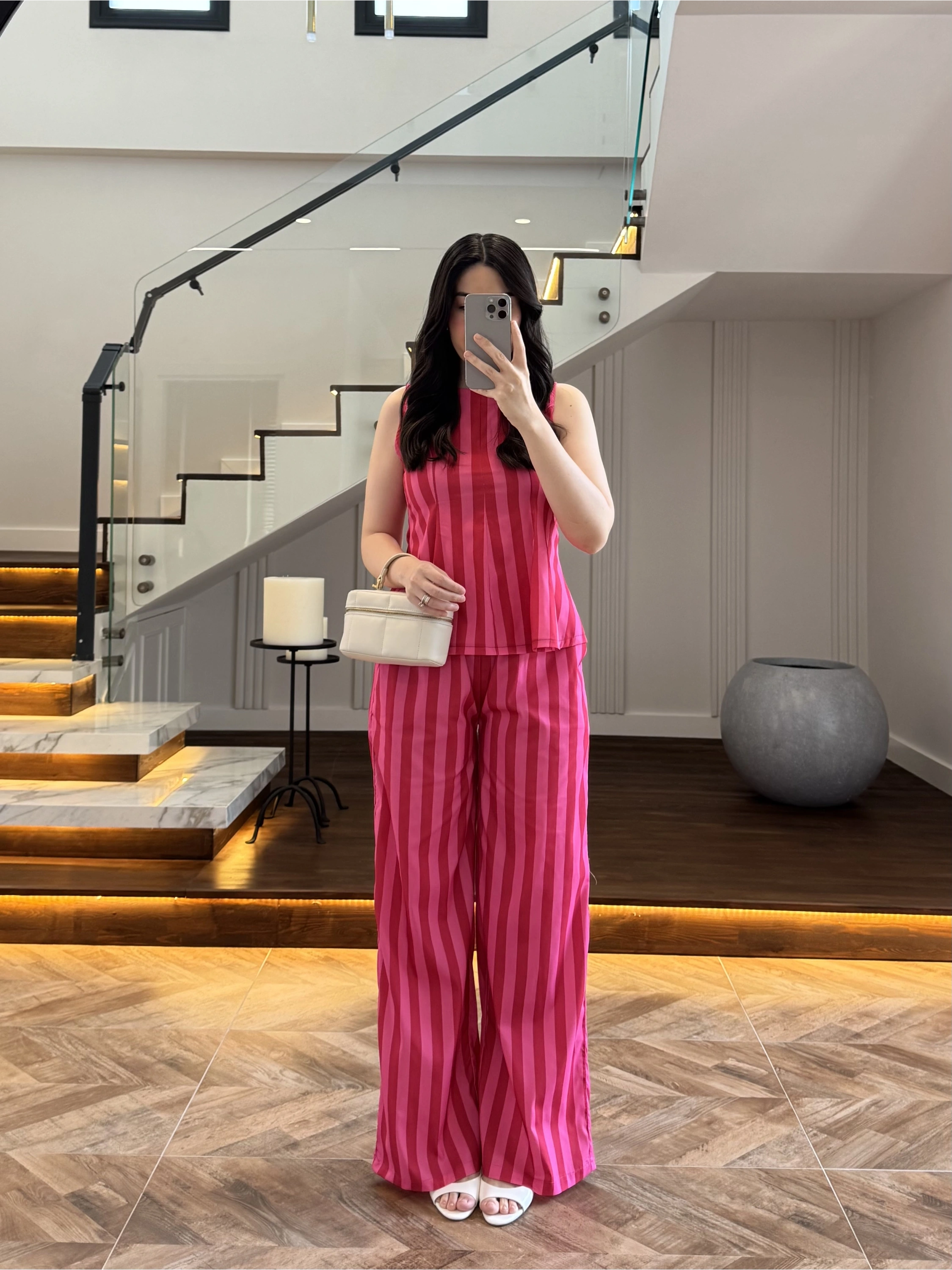 PEMBE KIRMIZI ÇİZGİLİ BLUZ PANTOLON TAKIM -4174