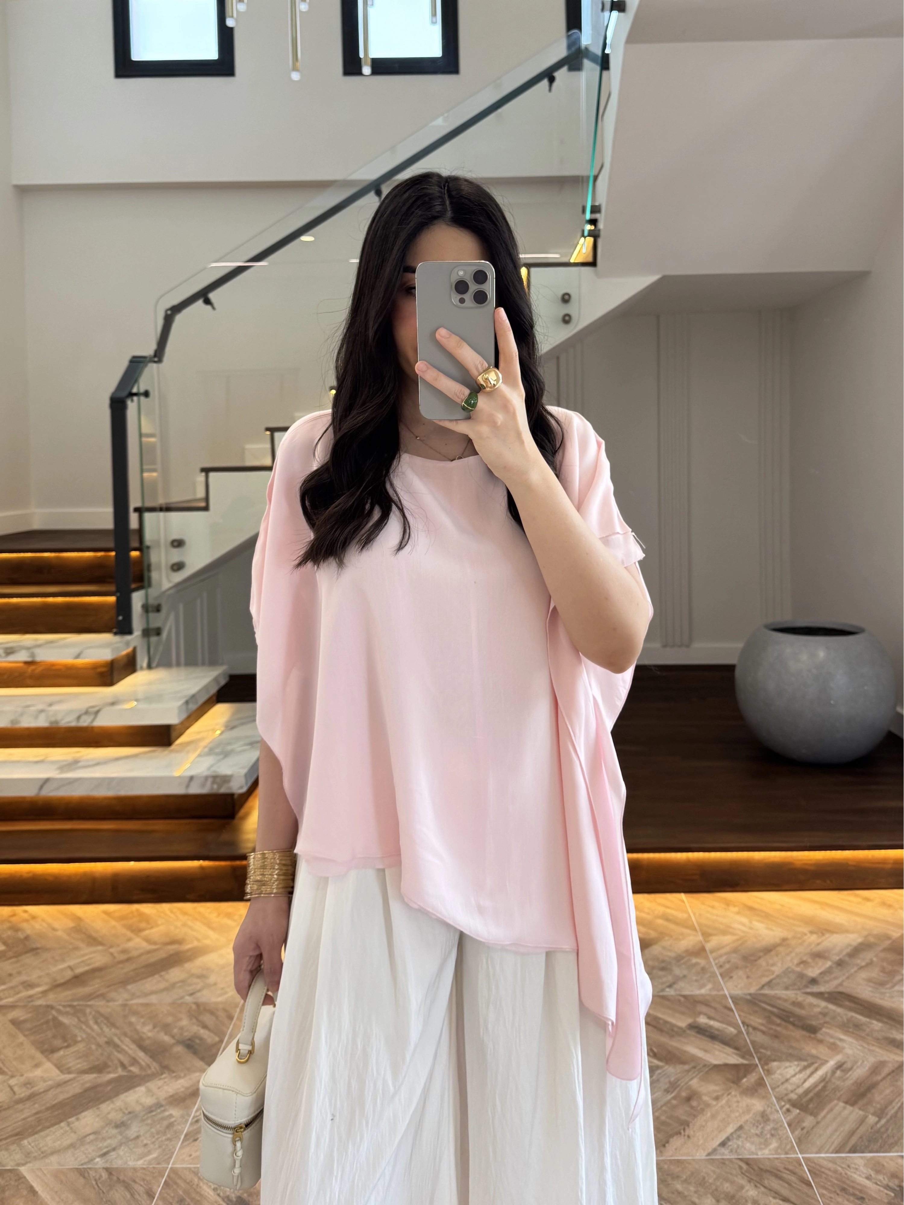 PEMBE KISA KOL PELERİN BLUZ -5107
