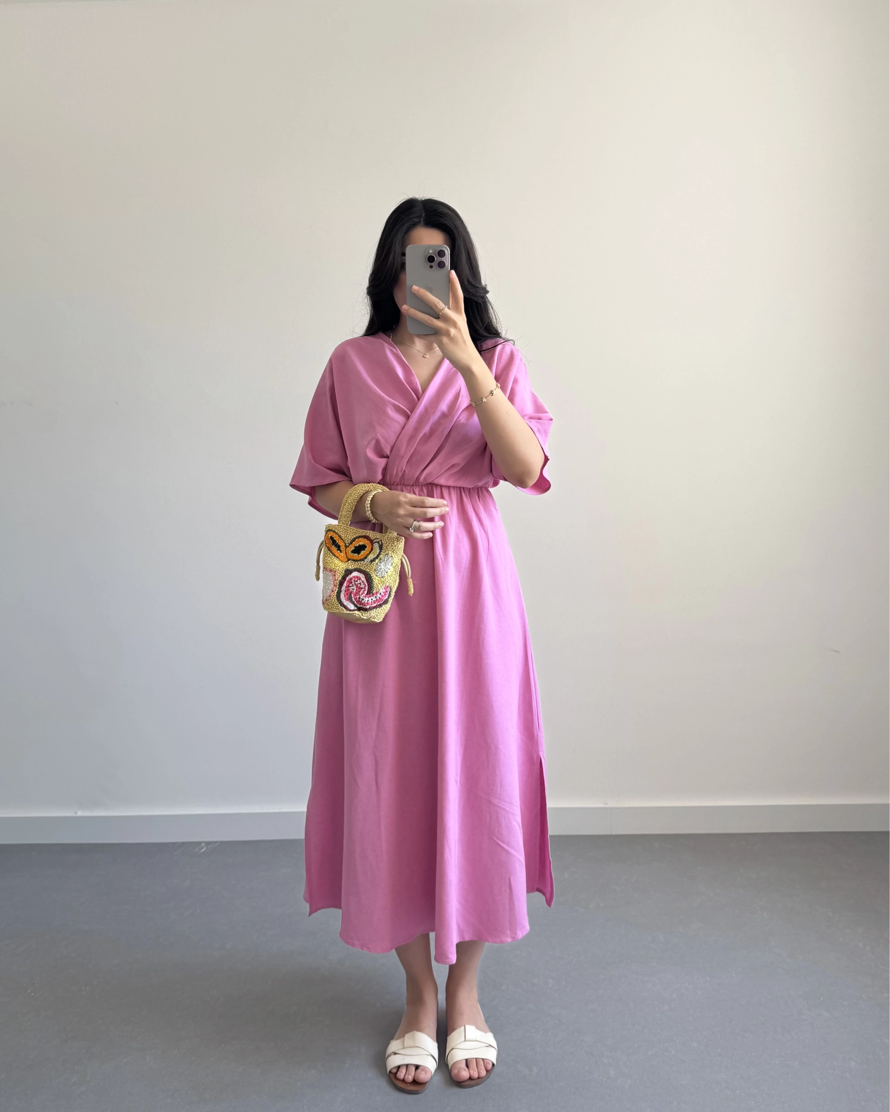 PEMBE KRUVAZE YAKA ELBİSE