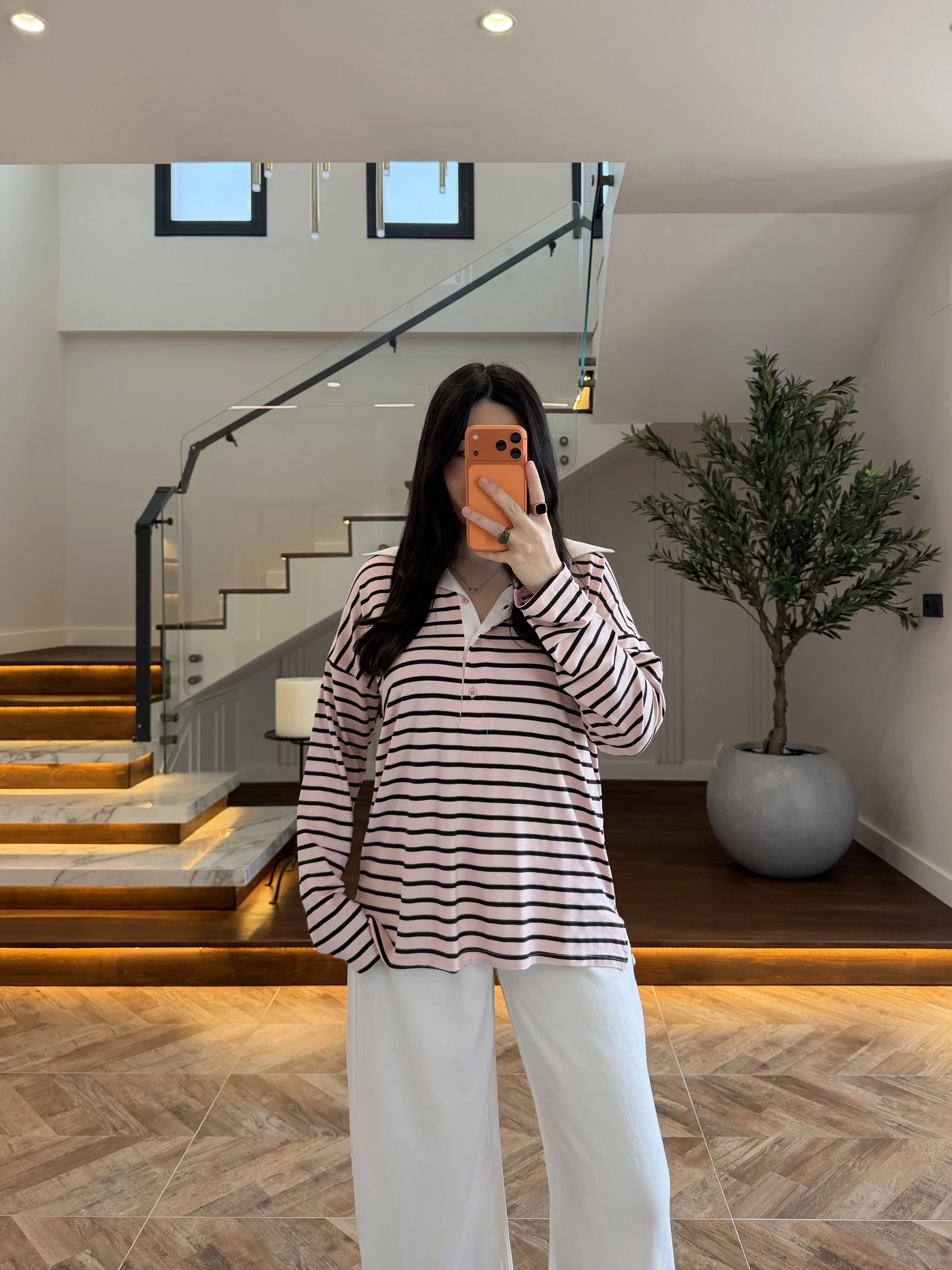 PEMBE POLO YAKA ÇİZGİLİ BASİC -27K-000013