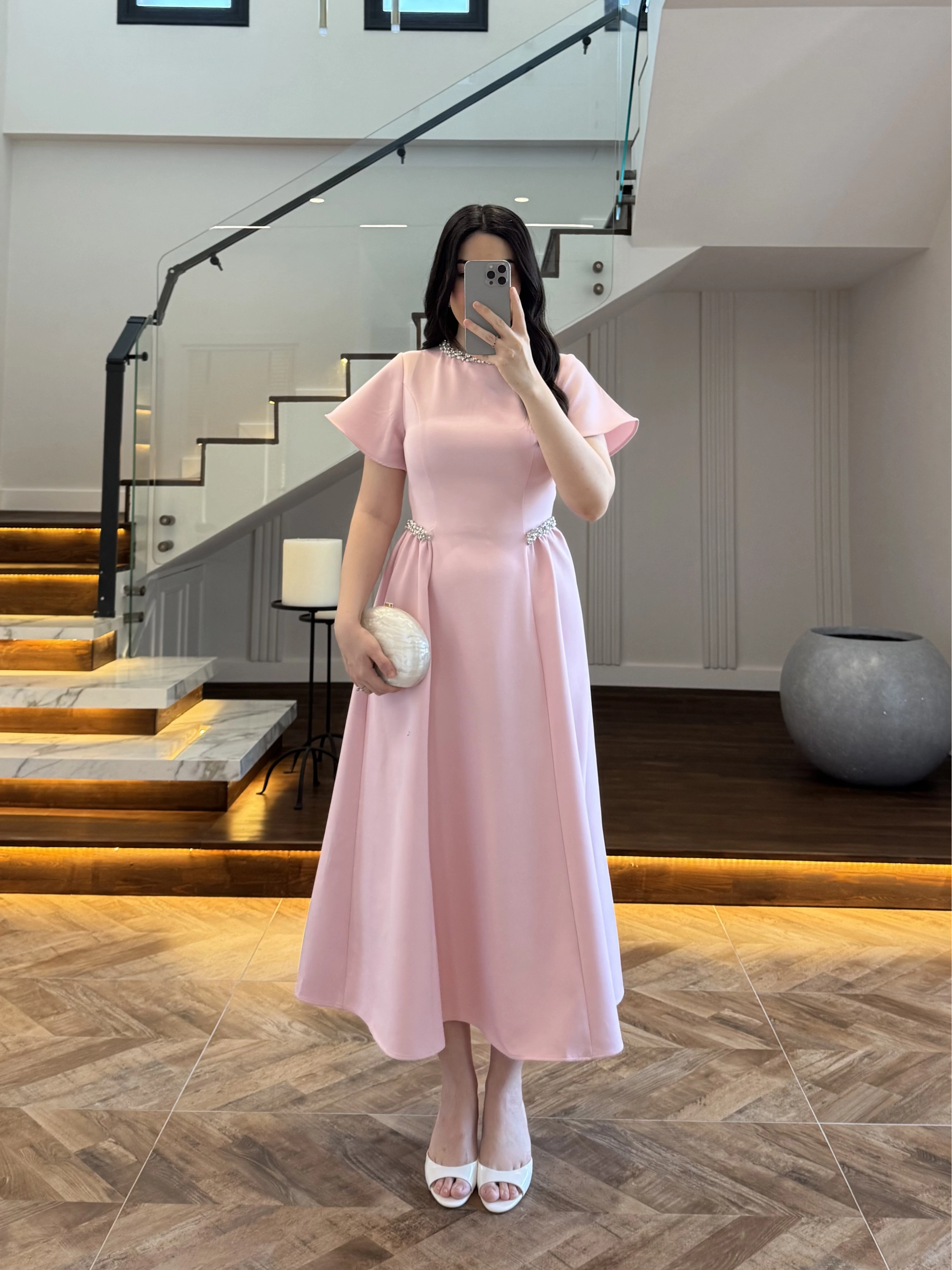 PEMBE TAŞ DETAY ELBİSE -EU3220