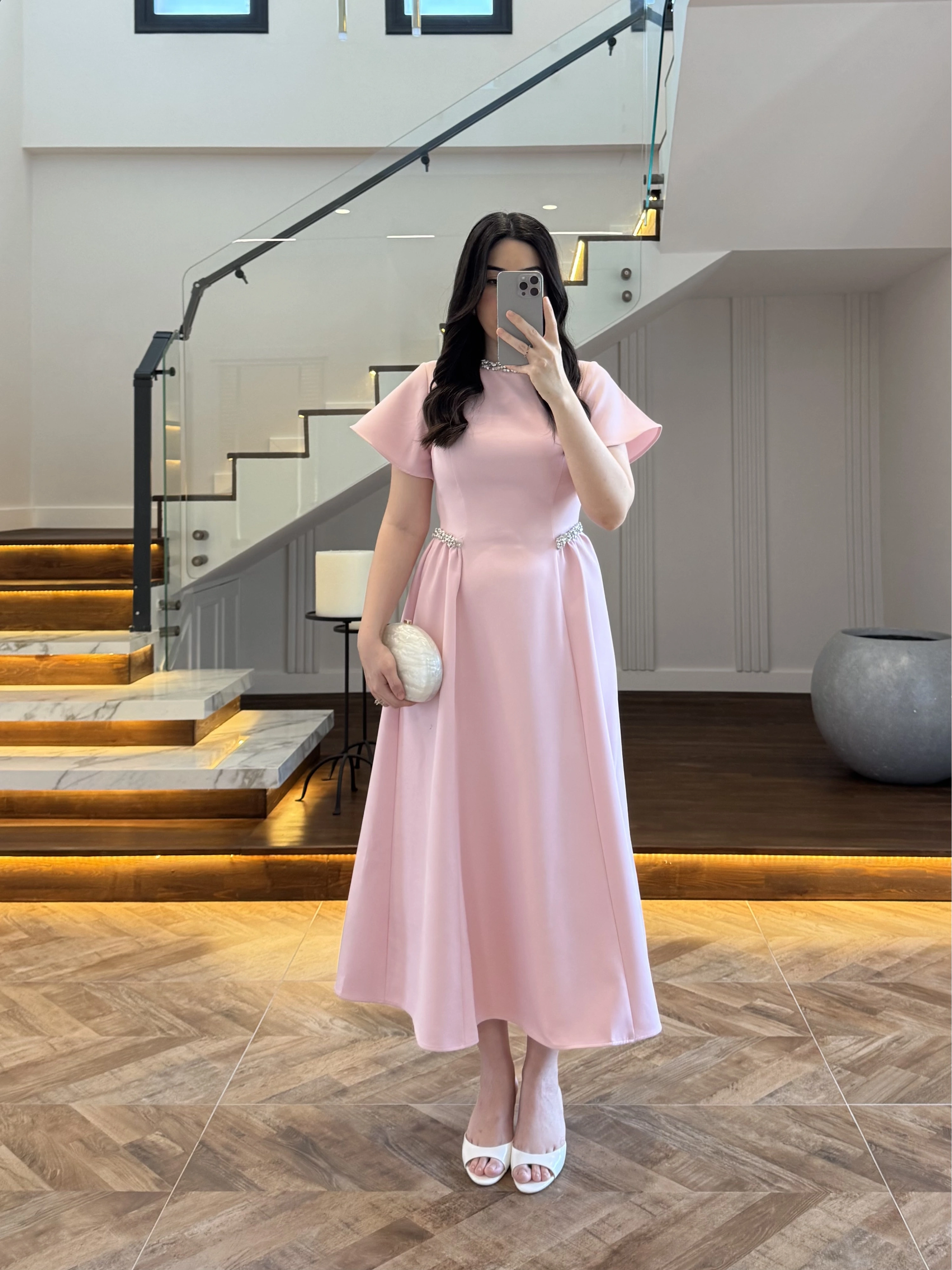 PEMBE TAŞ DETAY ELBİSE -EU3220