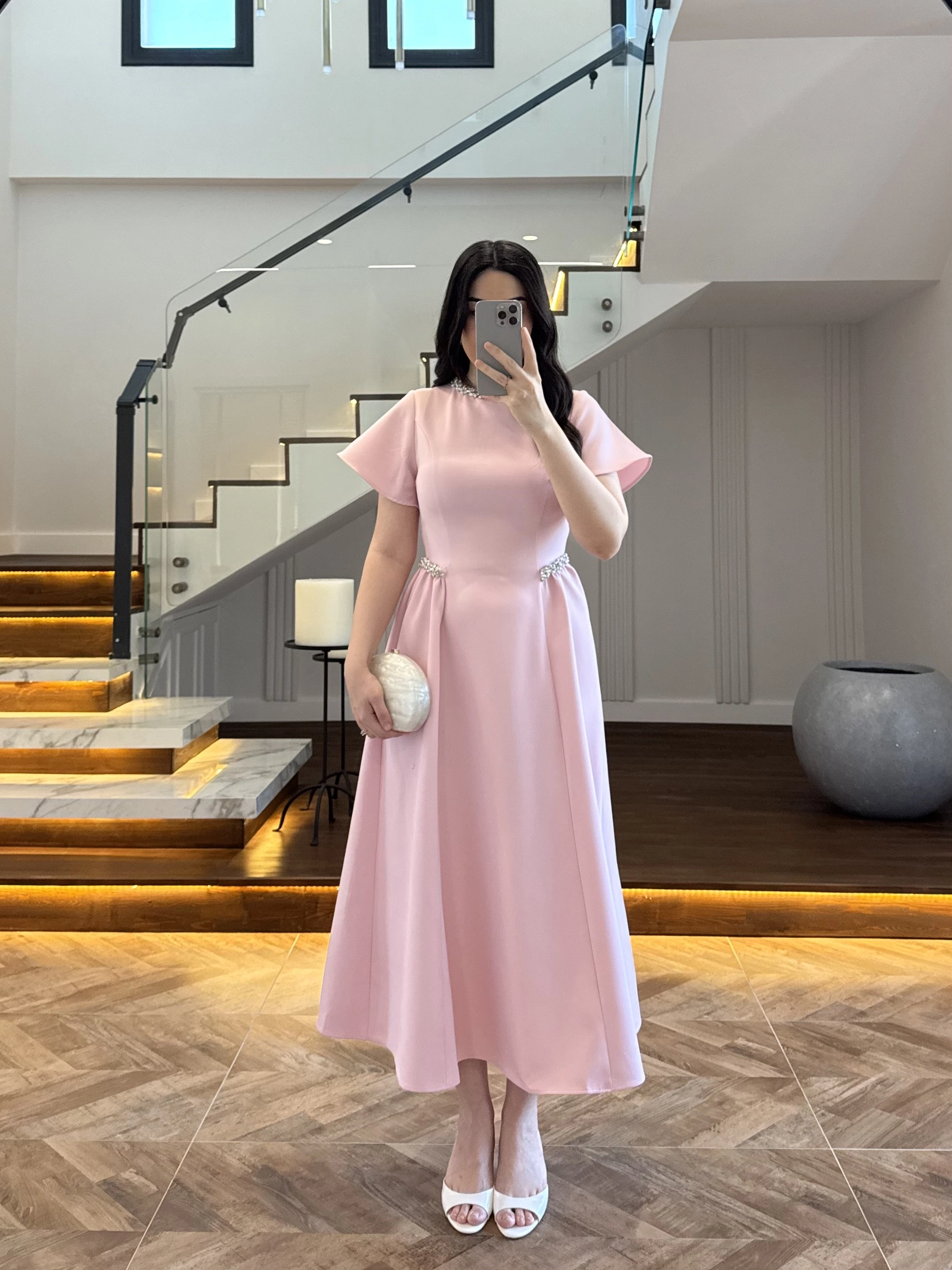 PEMBE TAŞ DETAY ELBİSE -EU3220