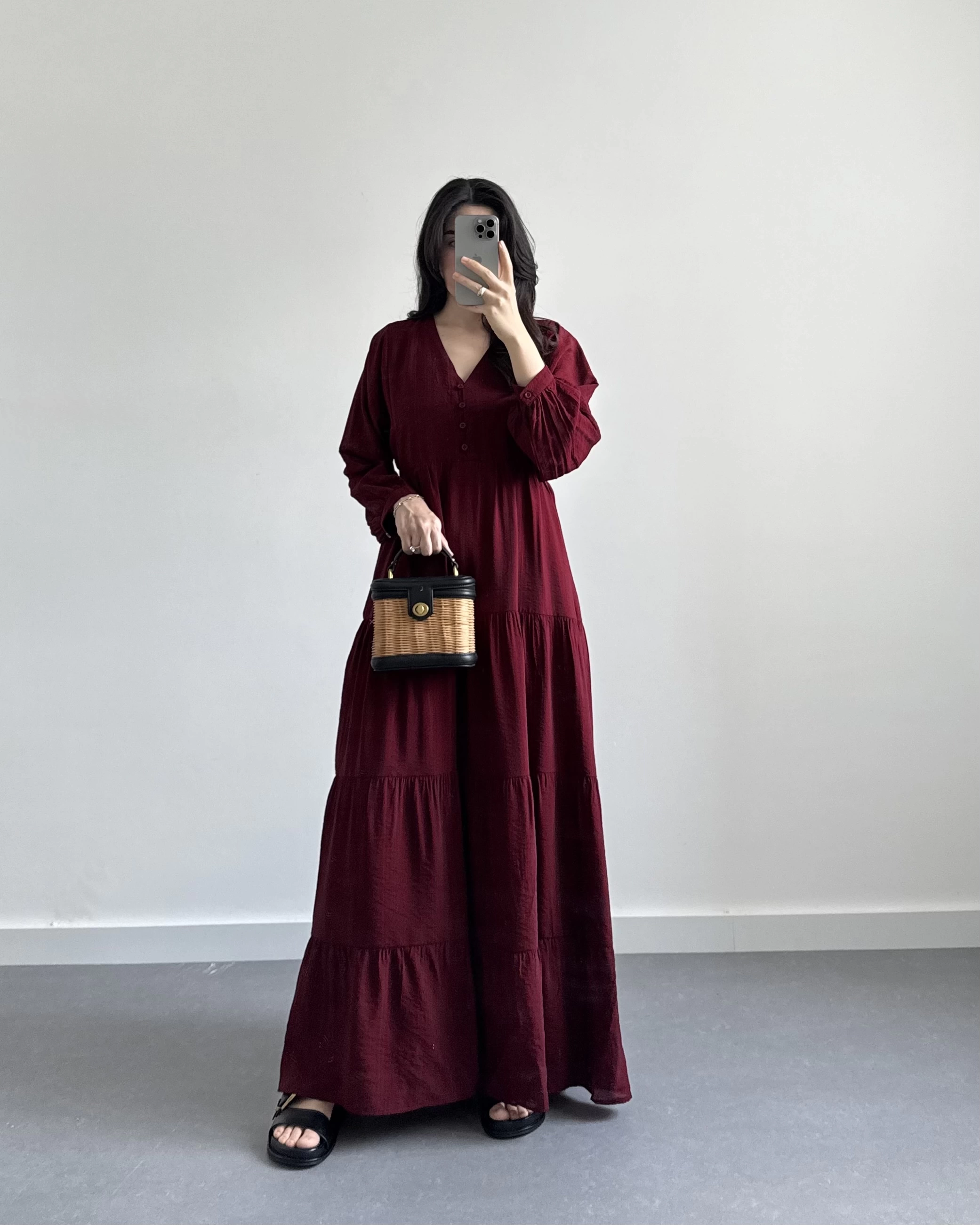 PİELA BORDO TENSEL UZUN ELBİSE