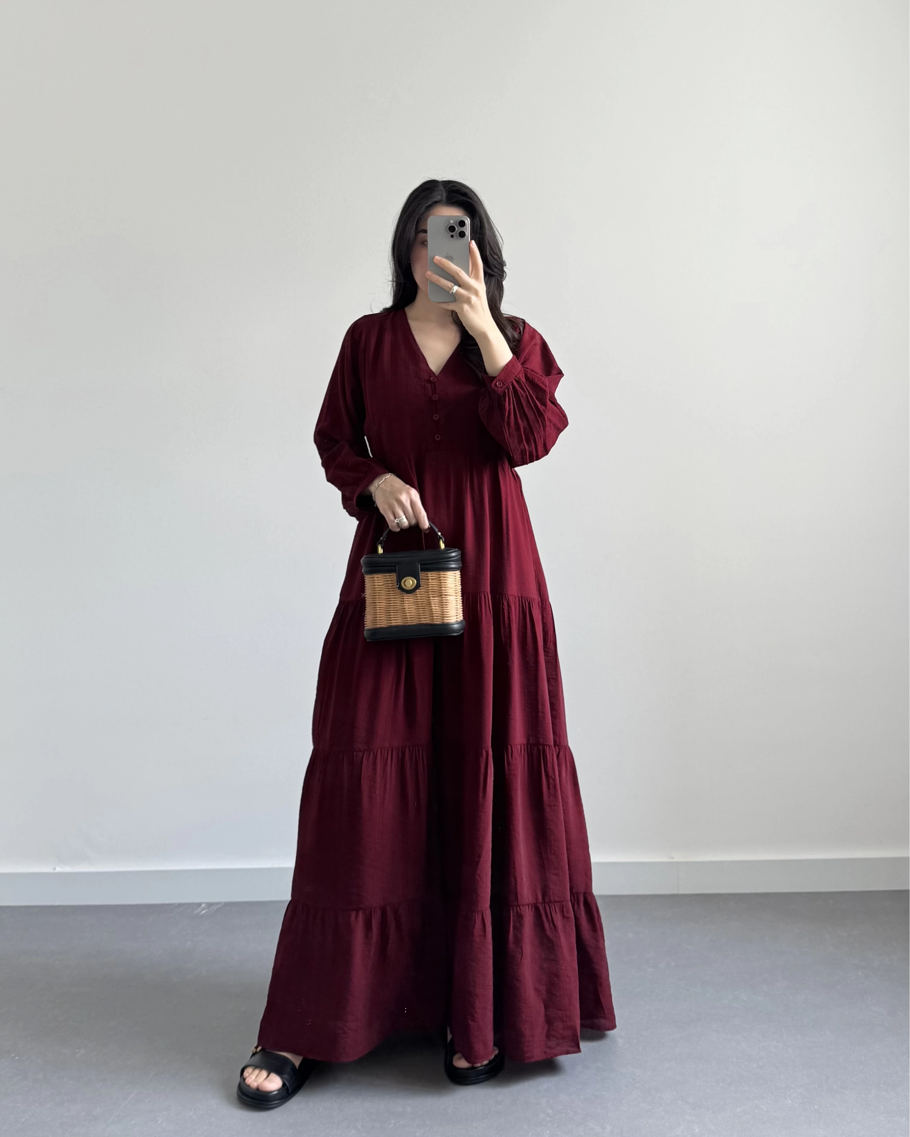 PİELA BORDO TENSEL UZUN ELBİSE