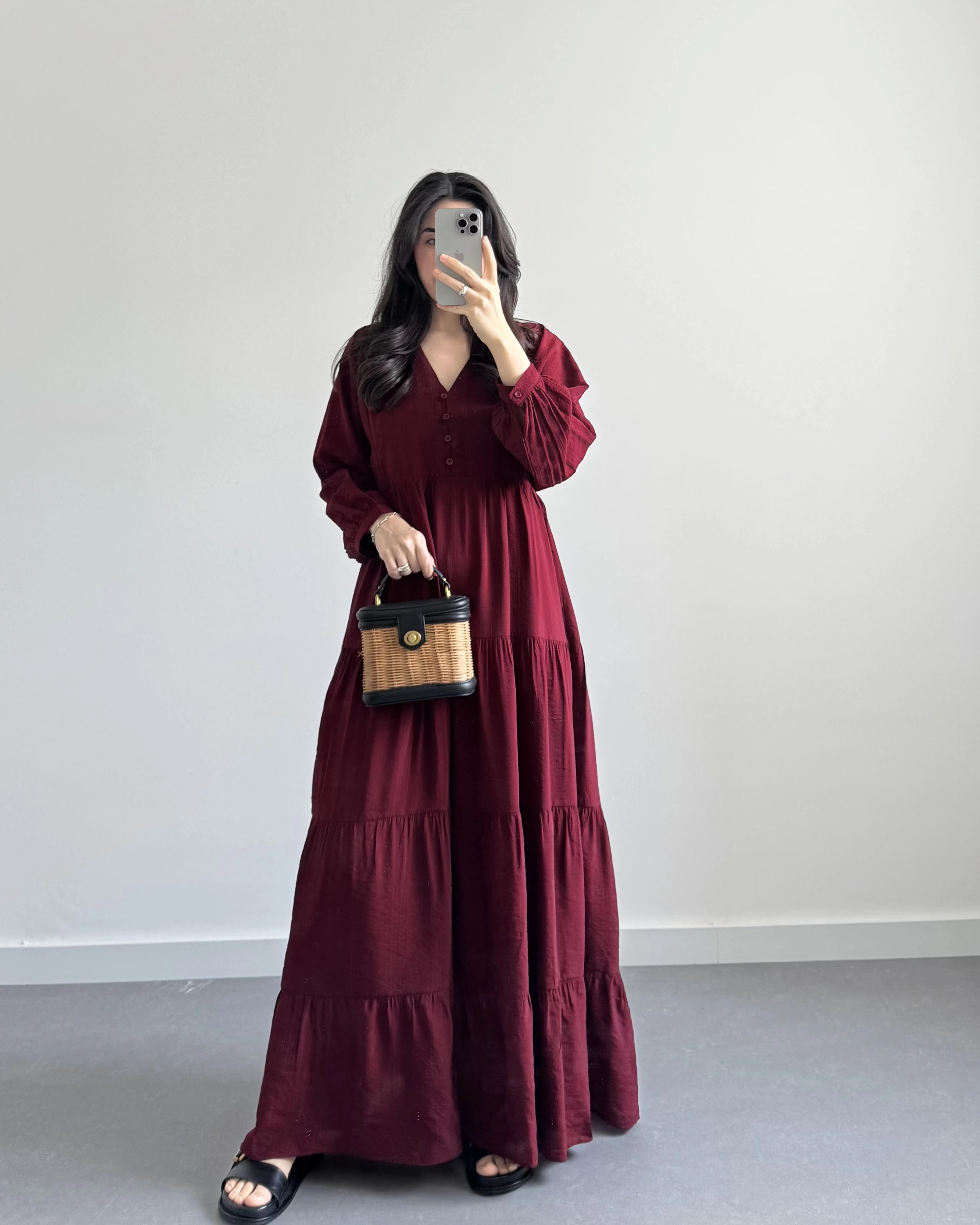 PİELA BORDO TENSEL UZUN ELBİSE