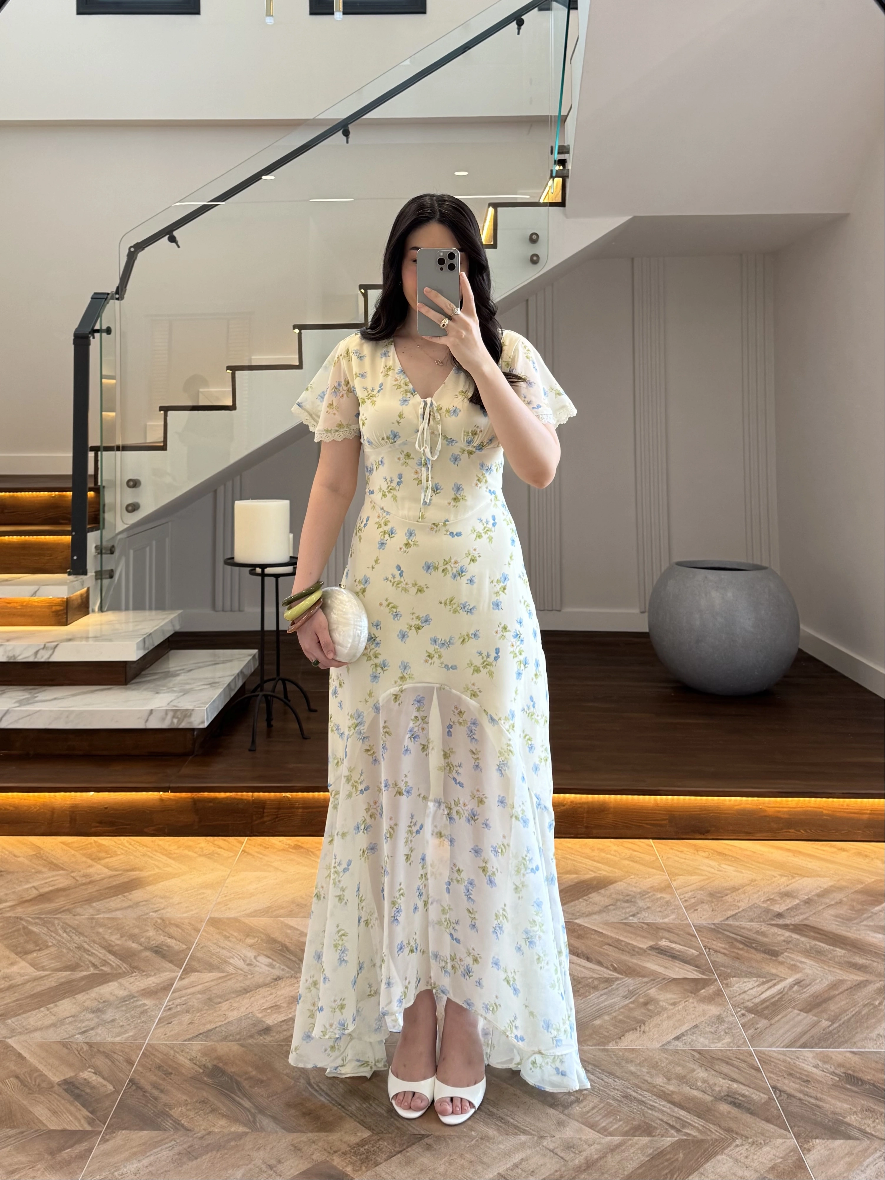 SARI ÇİÇEK DESENLİ ELBİSE