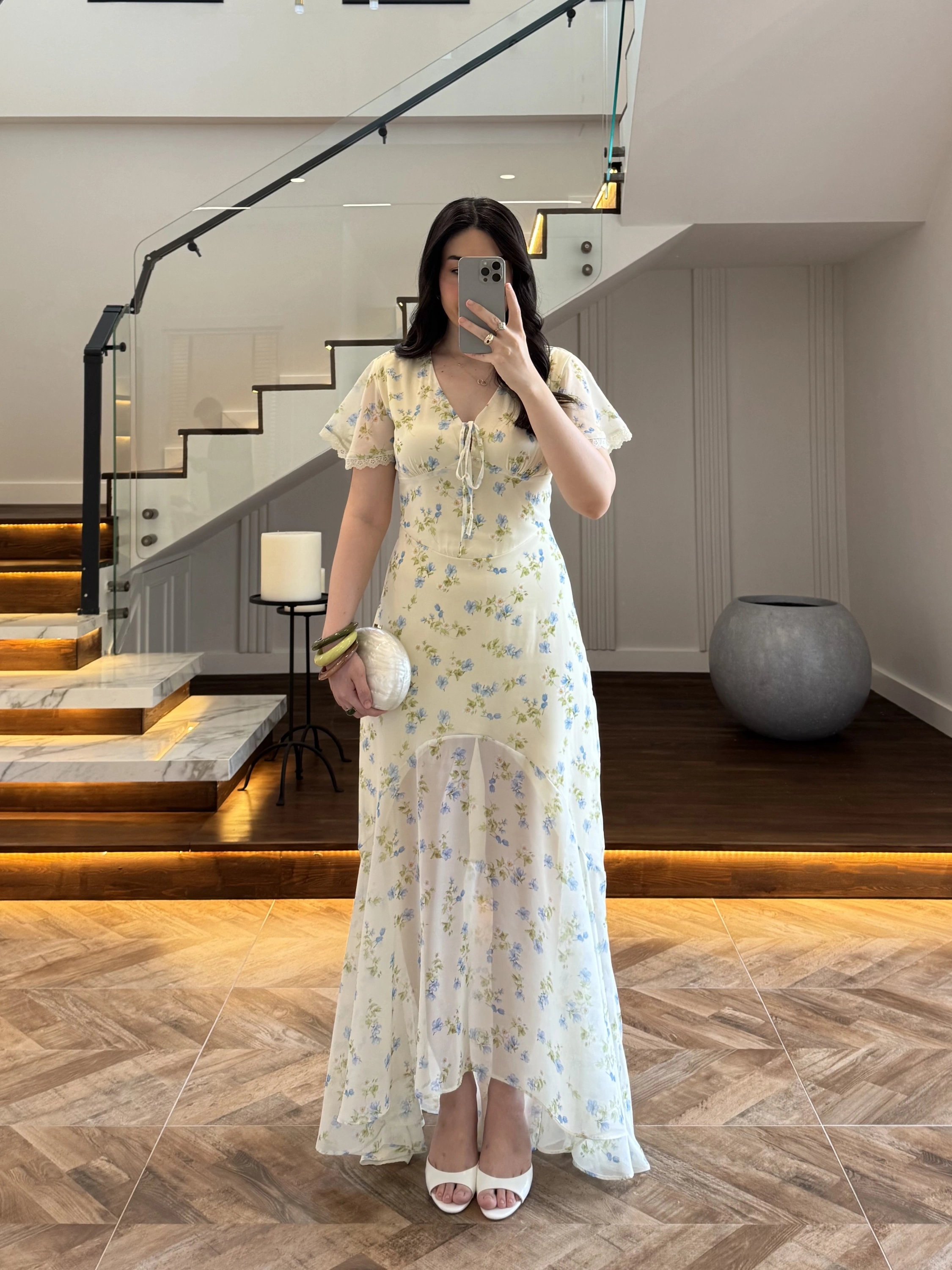 SARI ÇİÇEK DESENLİ ELBİSE
