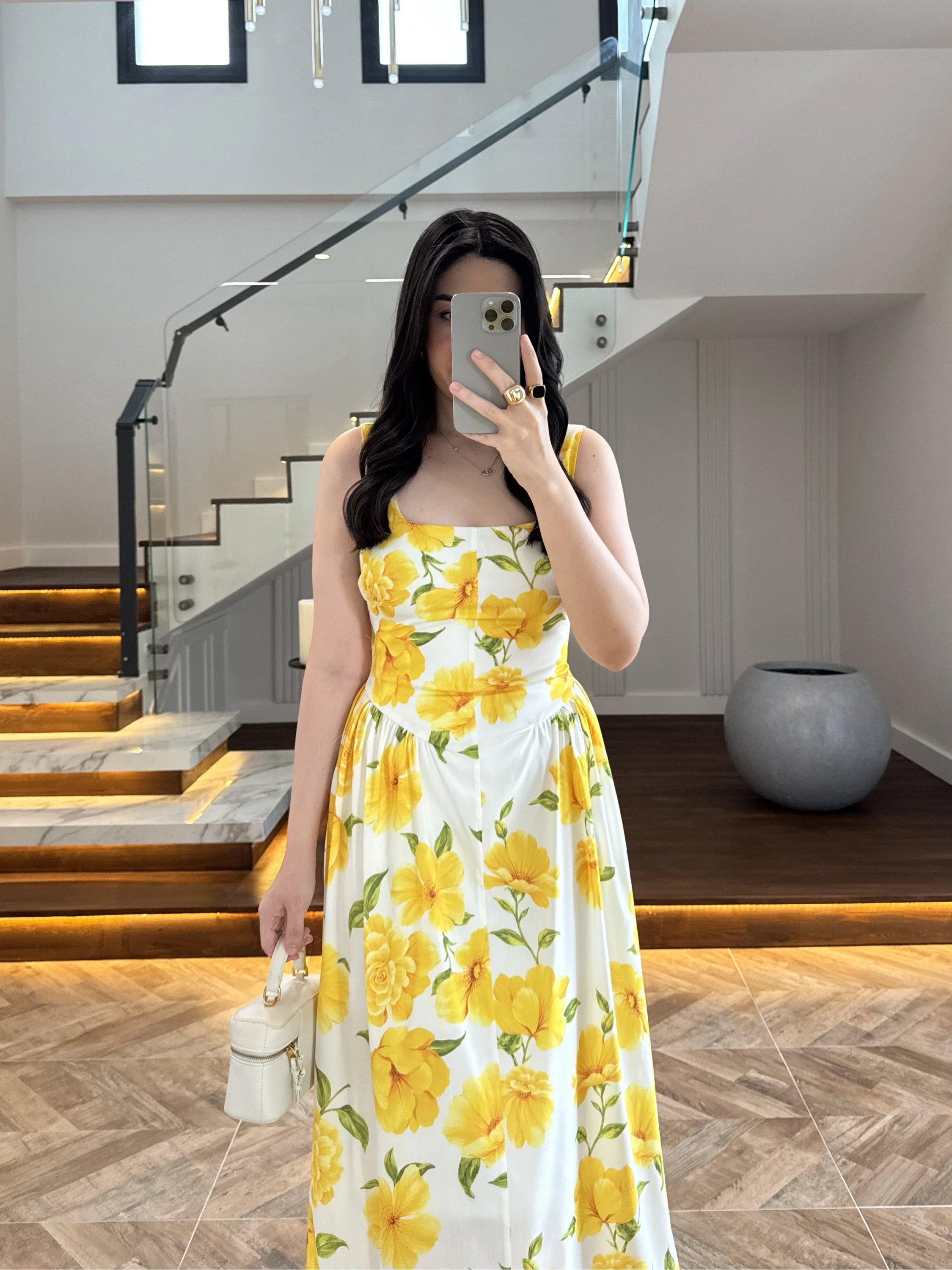 SARI ÇİÇEKLİ MİDİ ELBİSE -4222