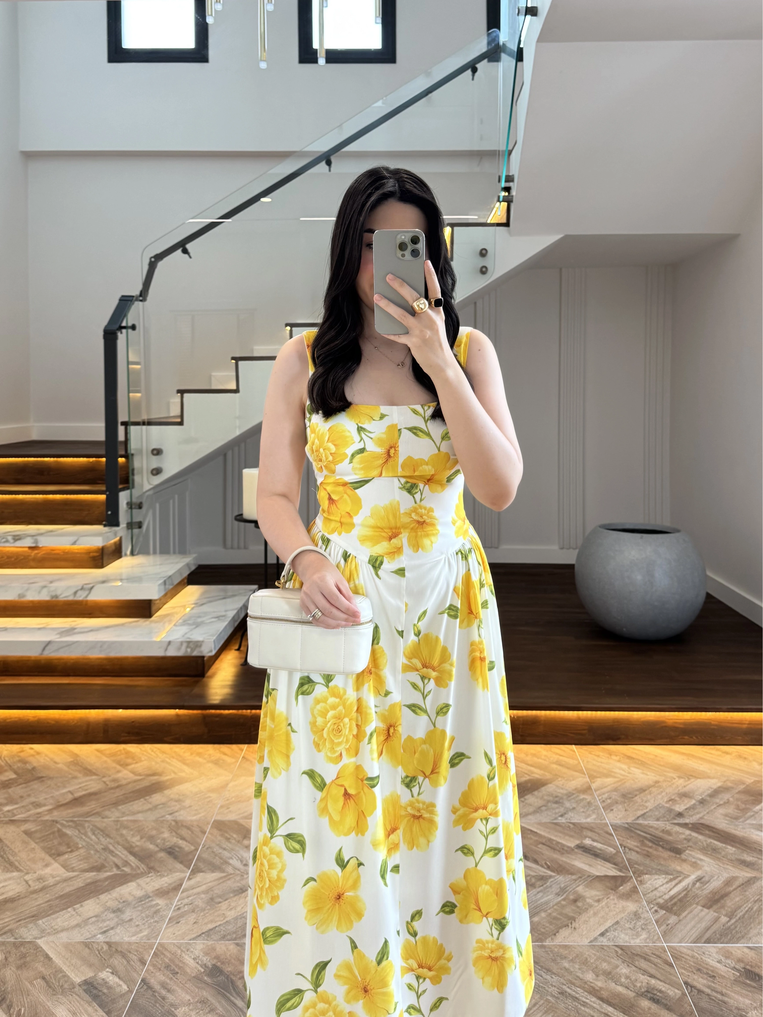 SARI ÇİÇEKLİ MİDİ ELBİSE -4222