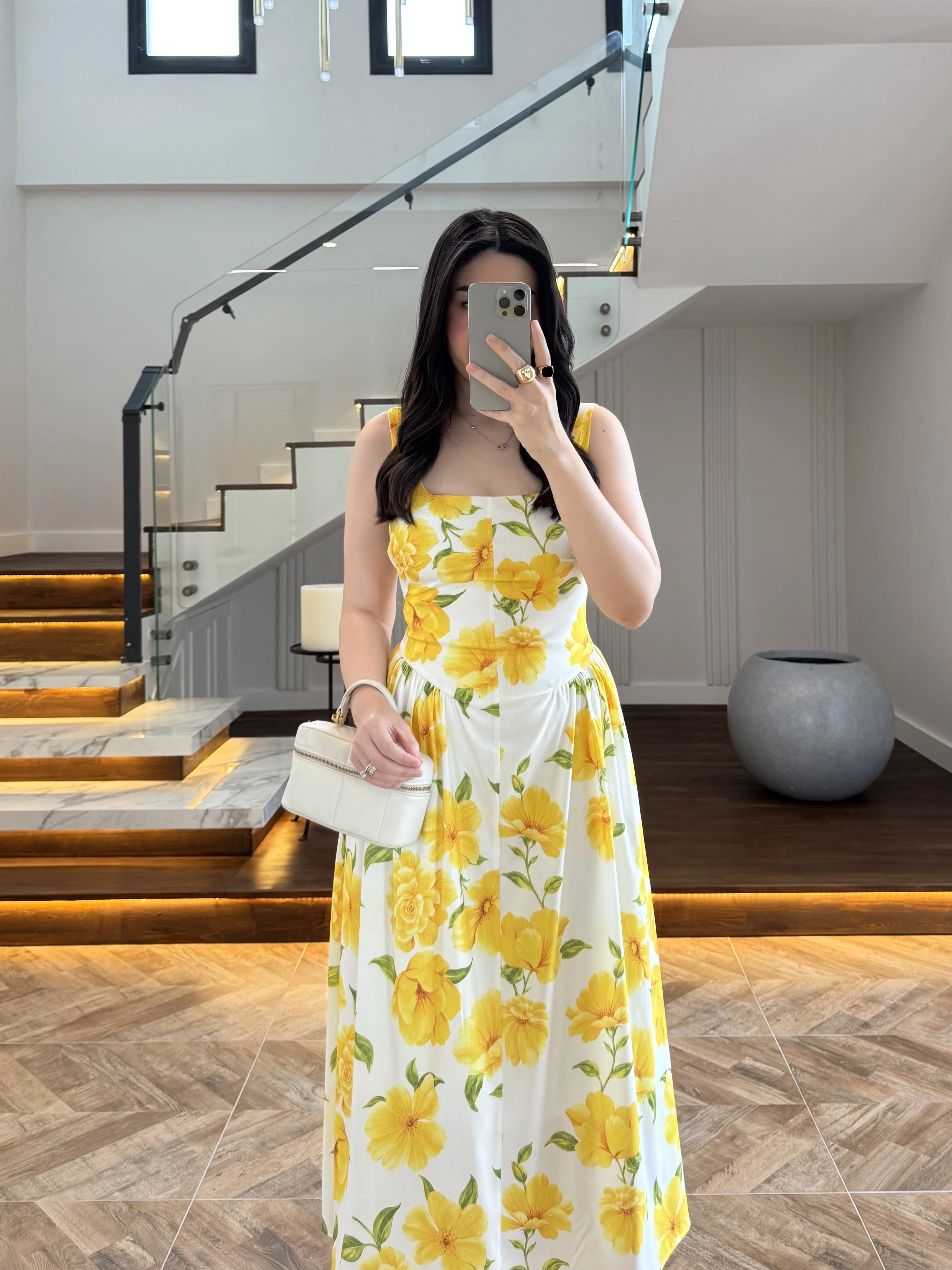 SARI ÇİÇEKLİ MİDİ ELBİSE -4222