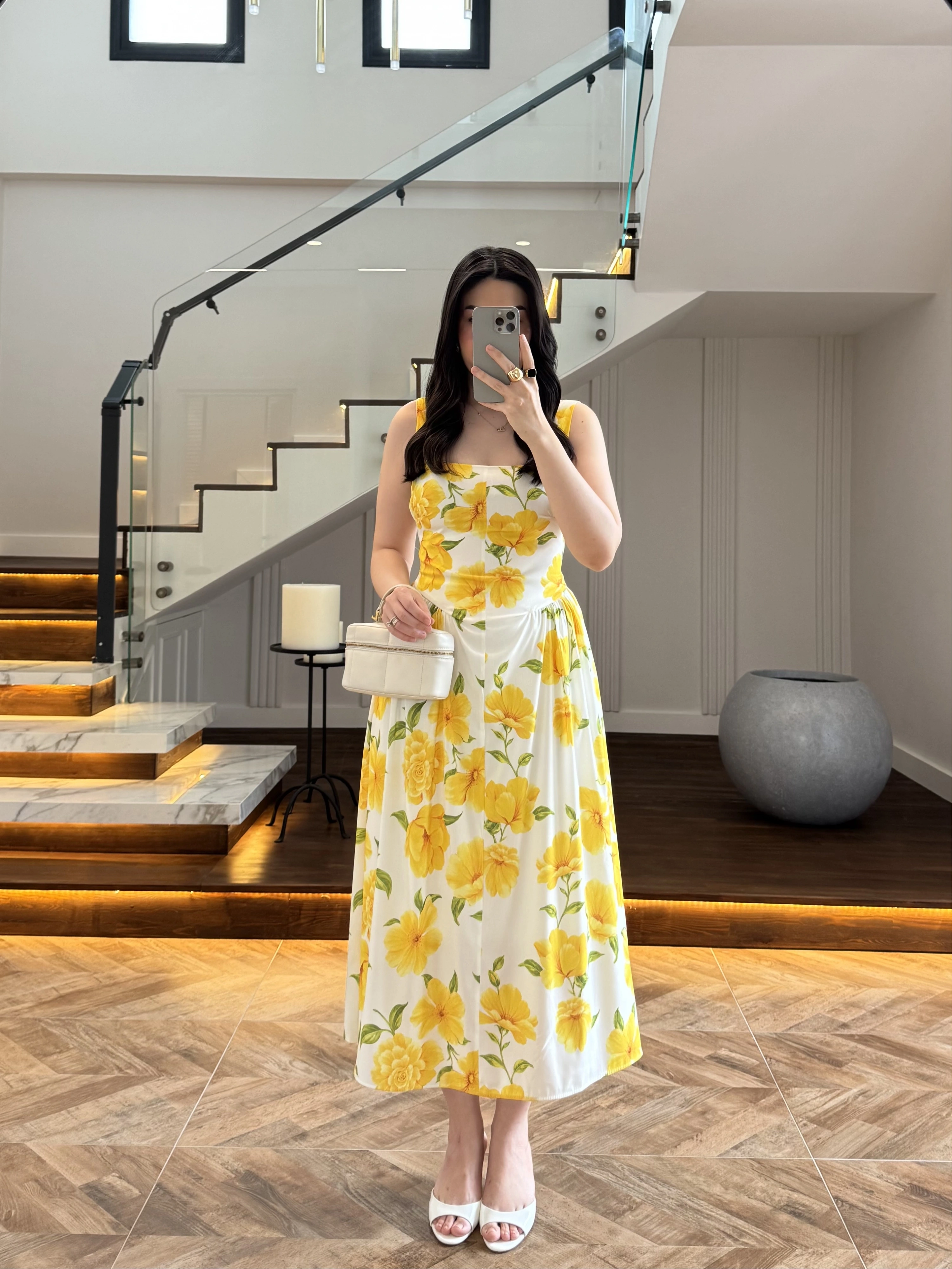 SARI ÇİÇEKLİ MİDİ ELBİSE -4222