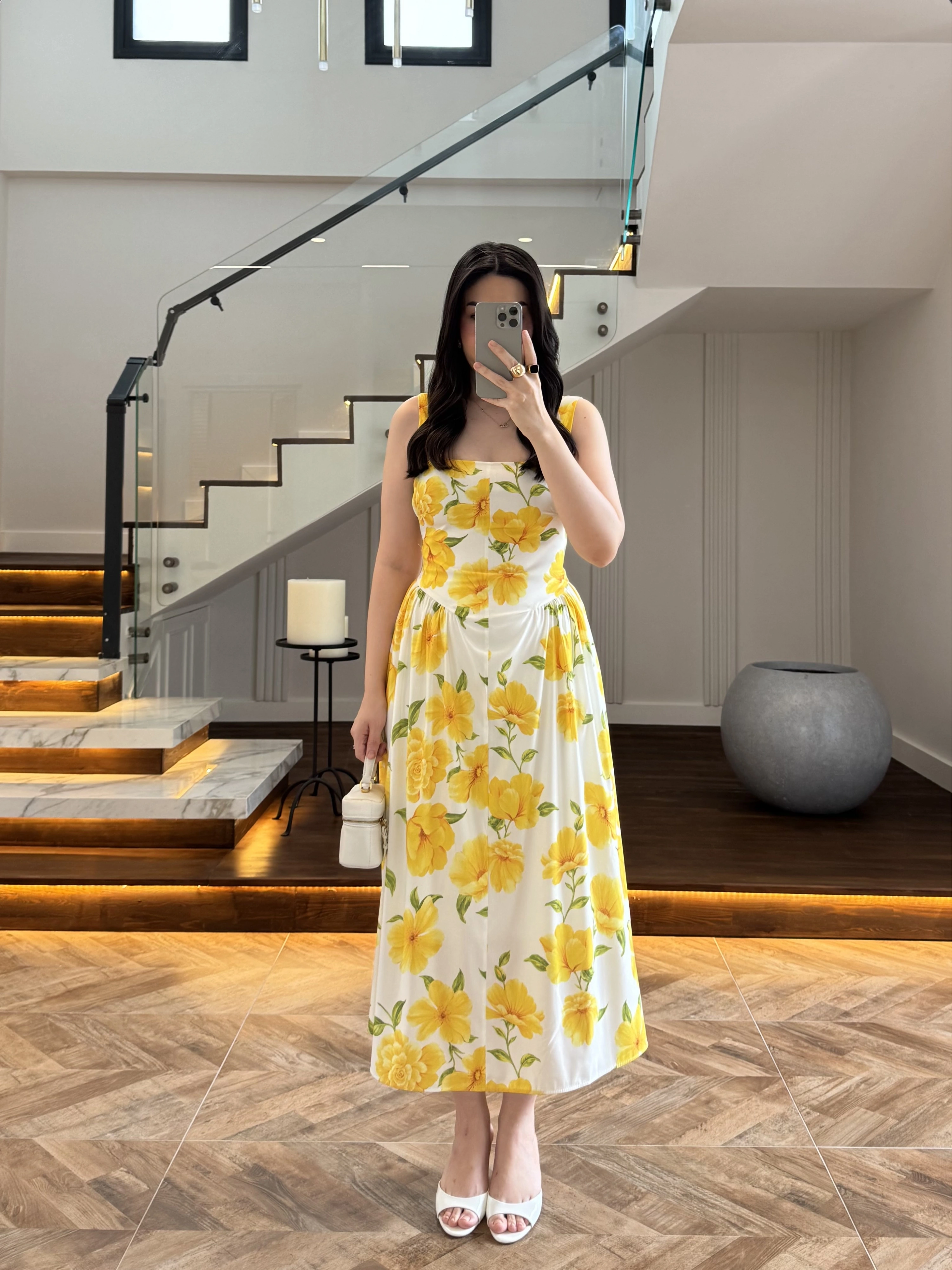 SARI ÇİÇEKLİ MİDİ ELBİSE -4222