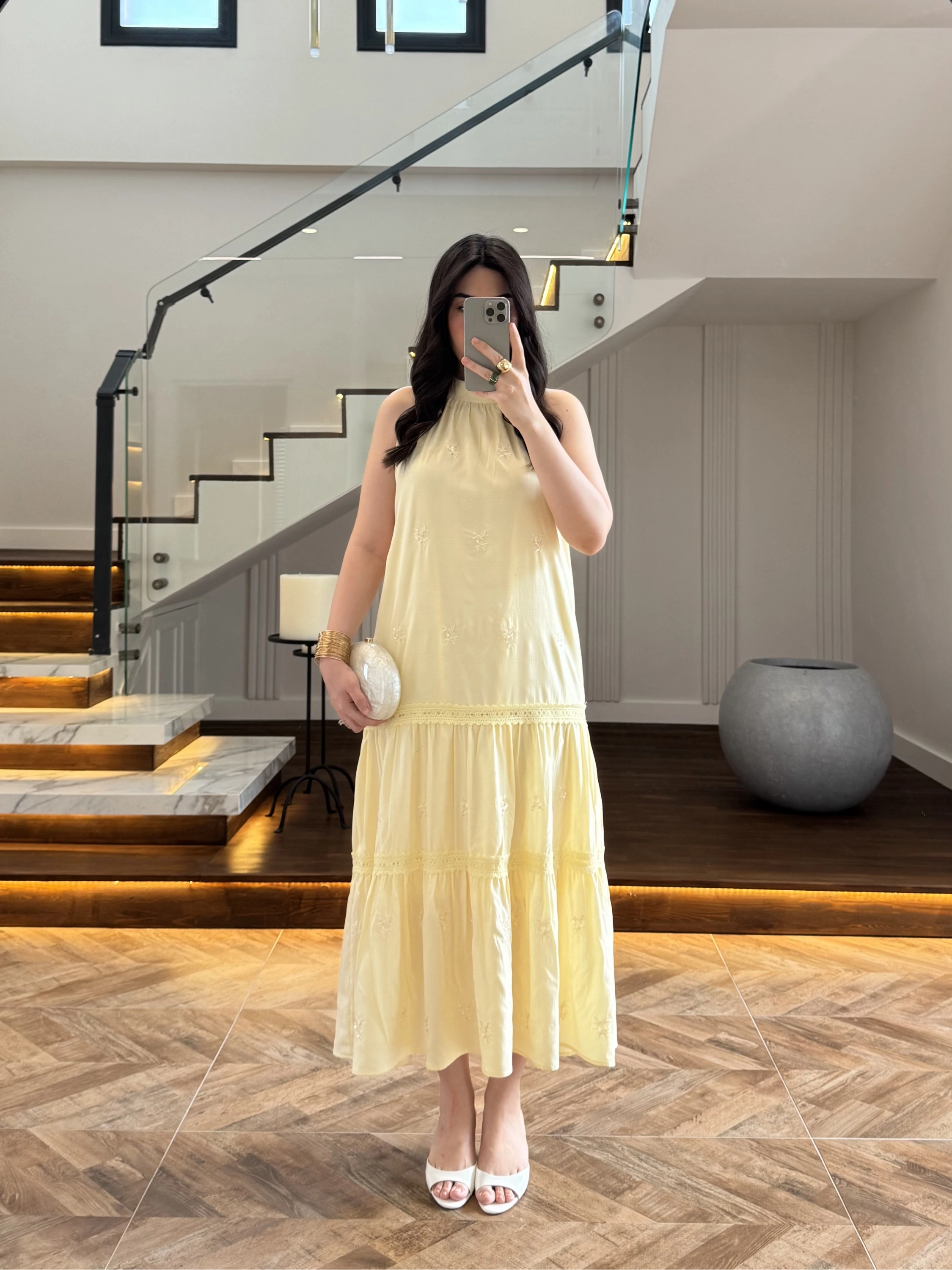 SARI GÜPÜR DETAY KAT KAT ELBİSE-9614