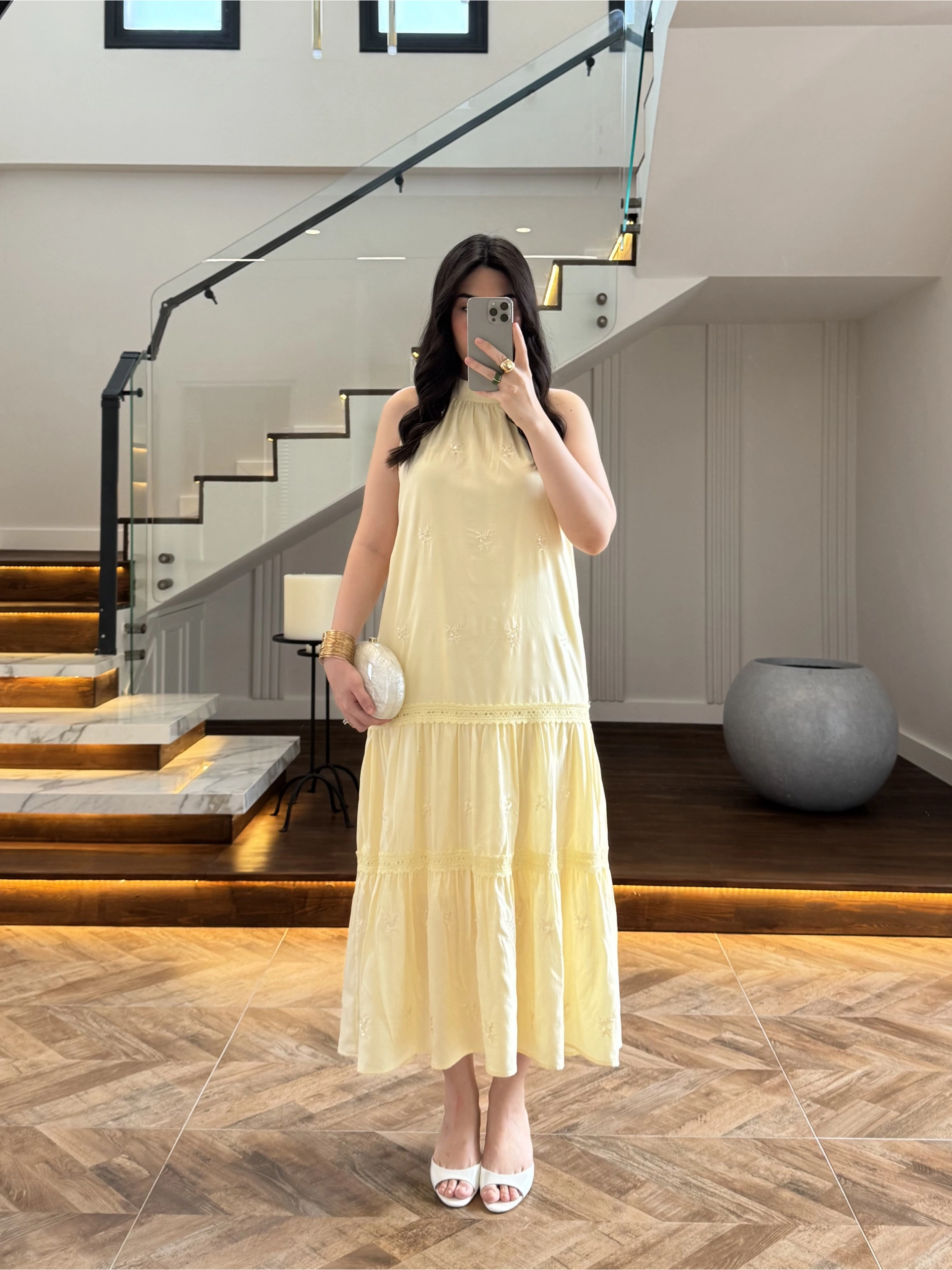 SARI GÜPÜR DETAY KAT KAT ELBİSE-9614