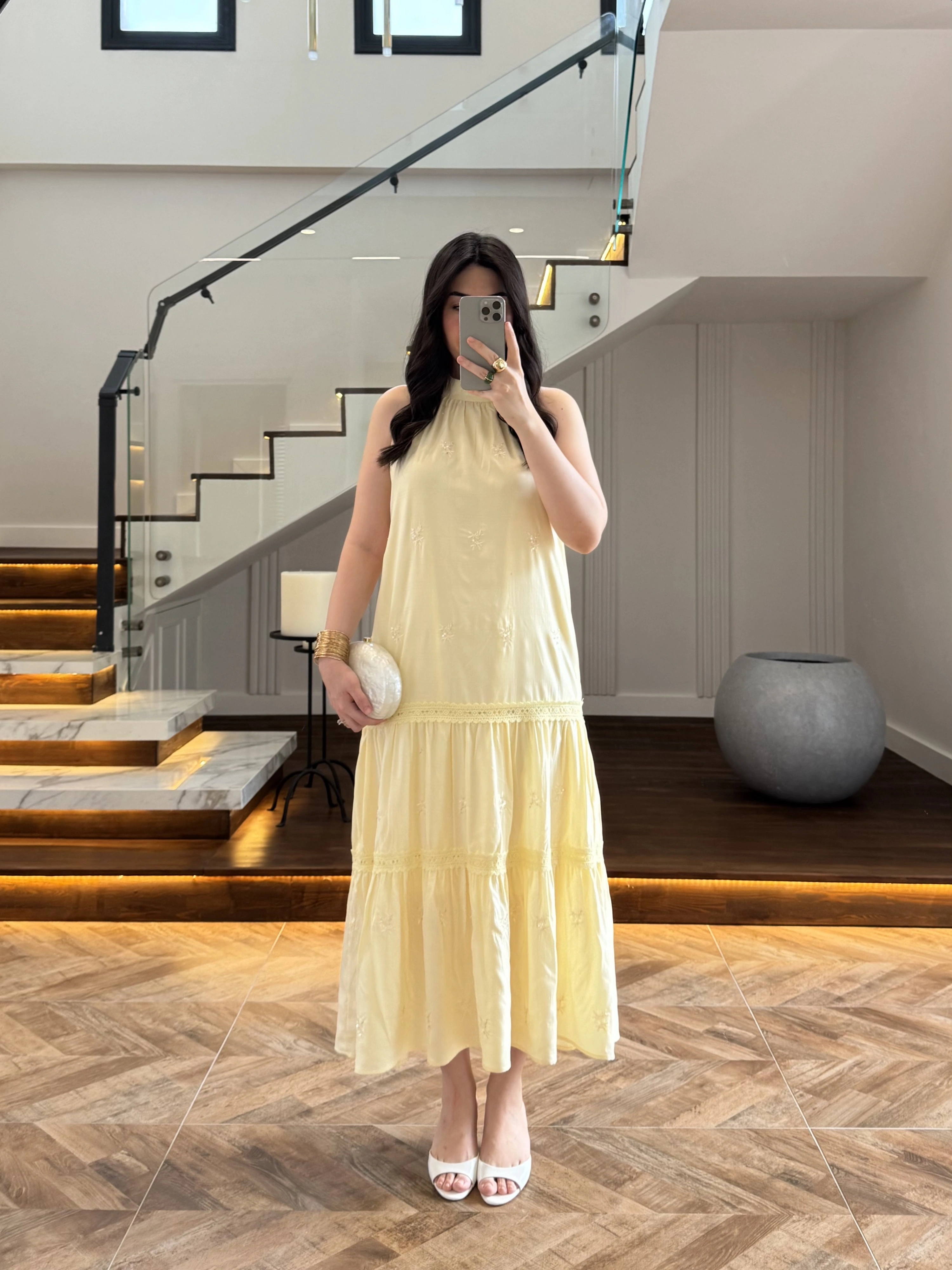SARI GÜPÜR DETAY KAT KAT ELBİSE-9614