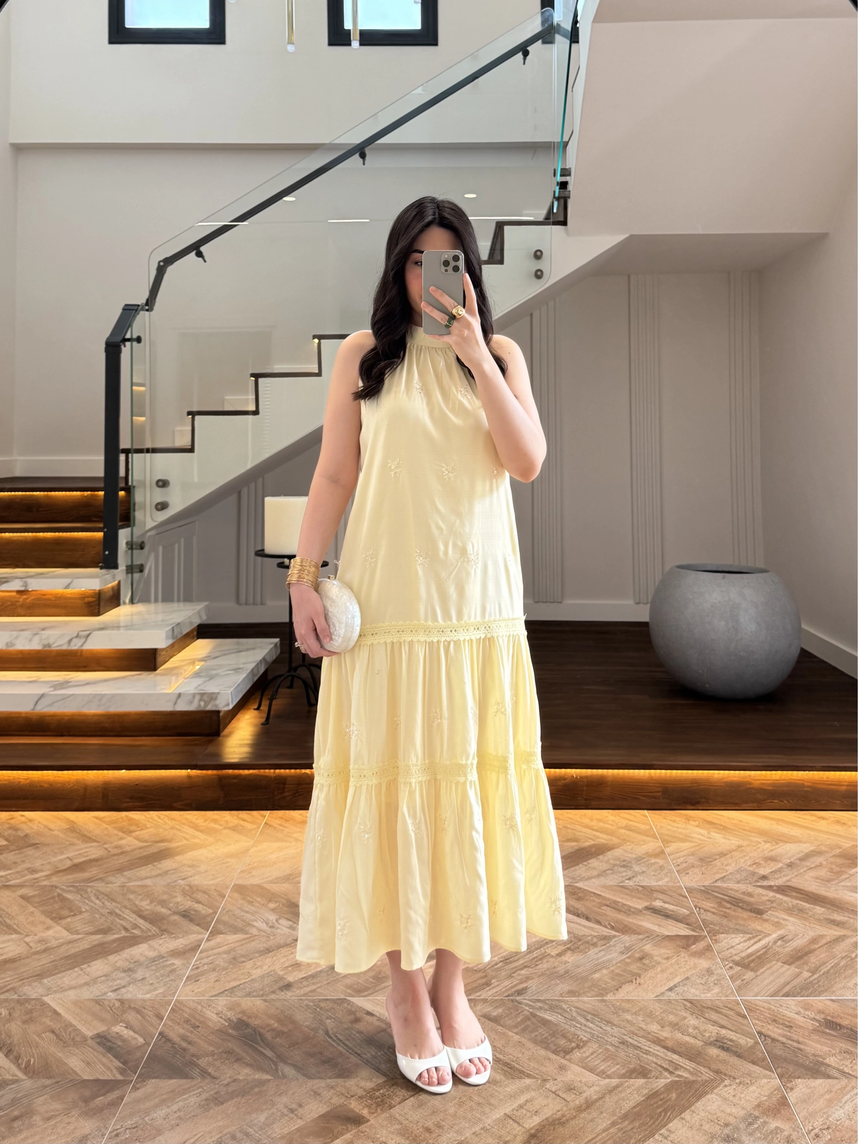 SARI GÜPÜR DETAY KAT KAT ELBİSE-9614