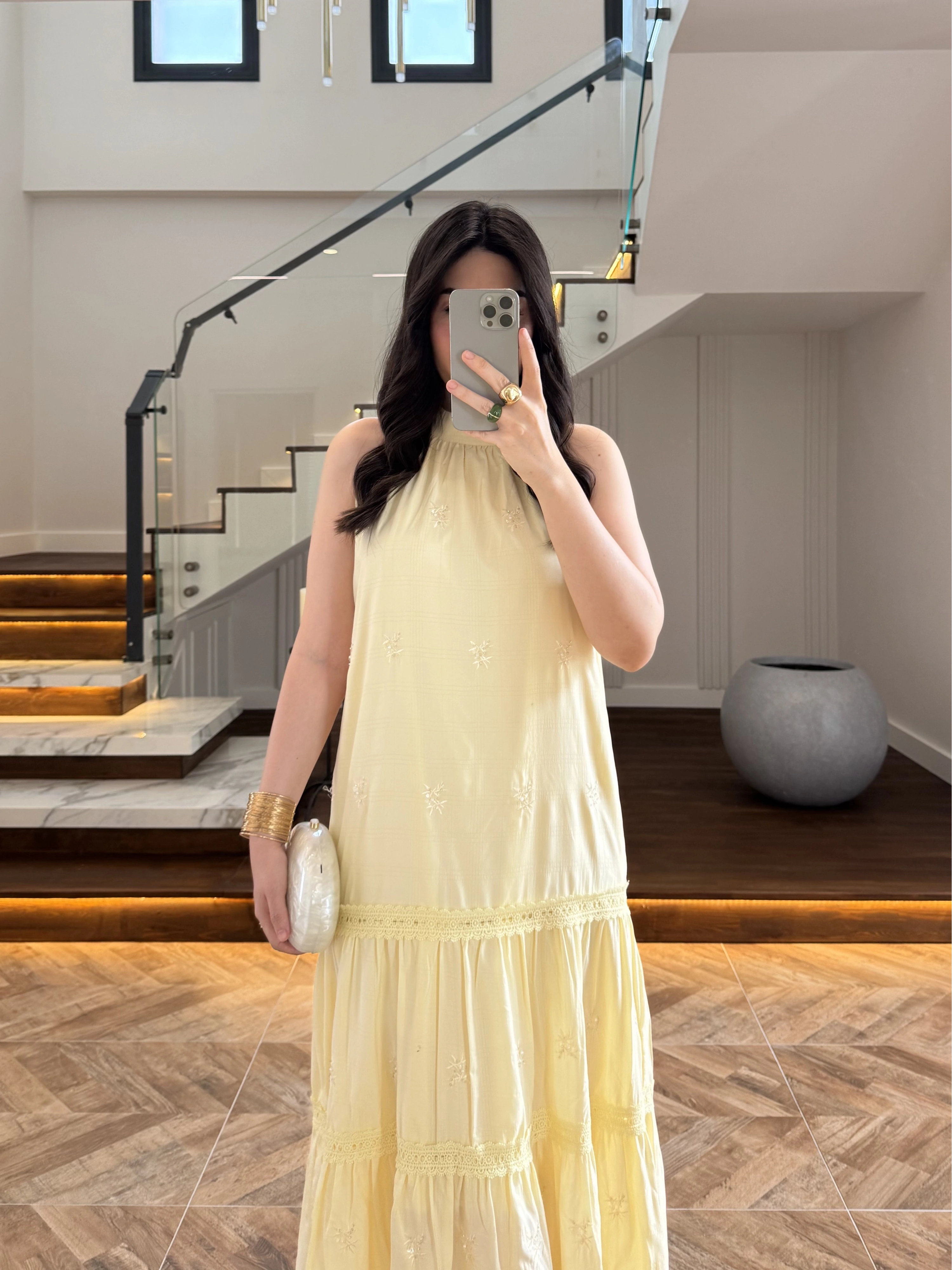 SARI GÜPÜR DETAY KAT KAT ELBİSE-9614
