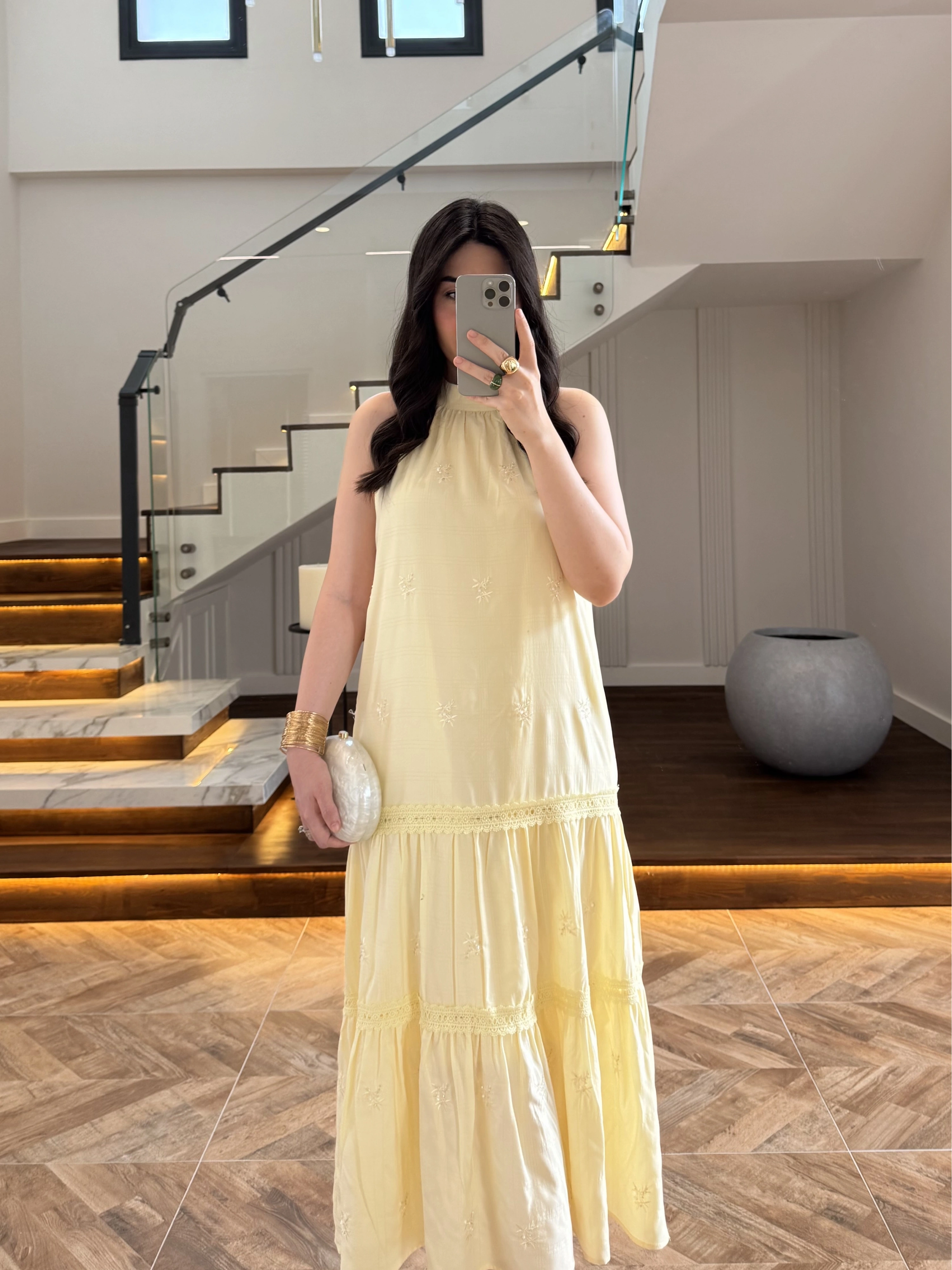 SARI GÜPÜR DETAY KAT KAT ELBİSE-9614