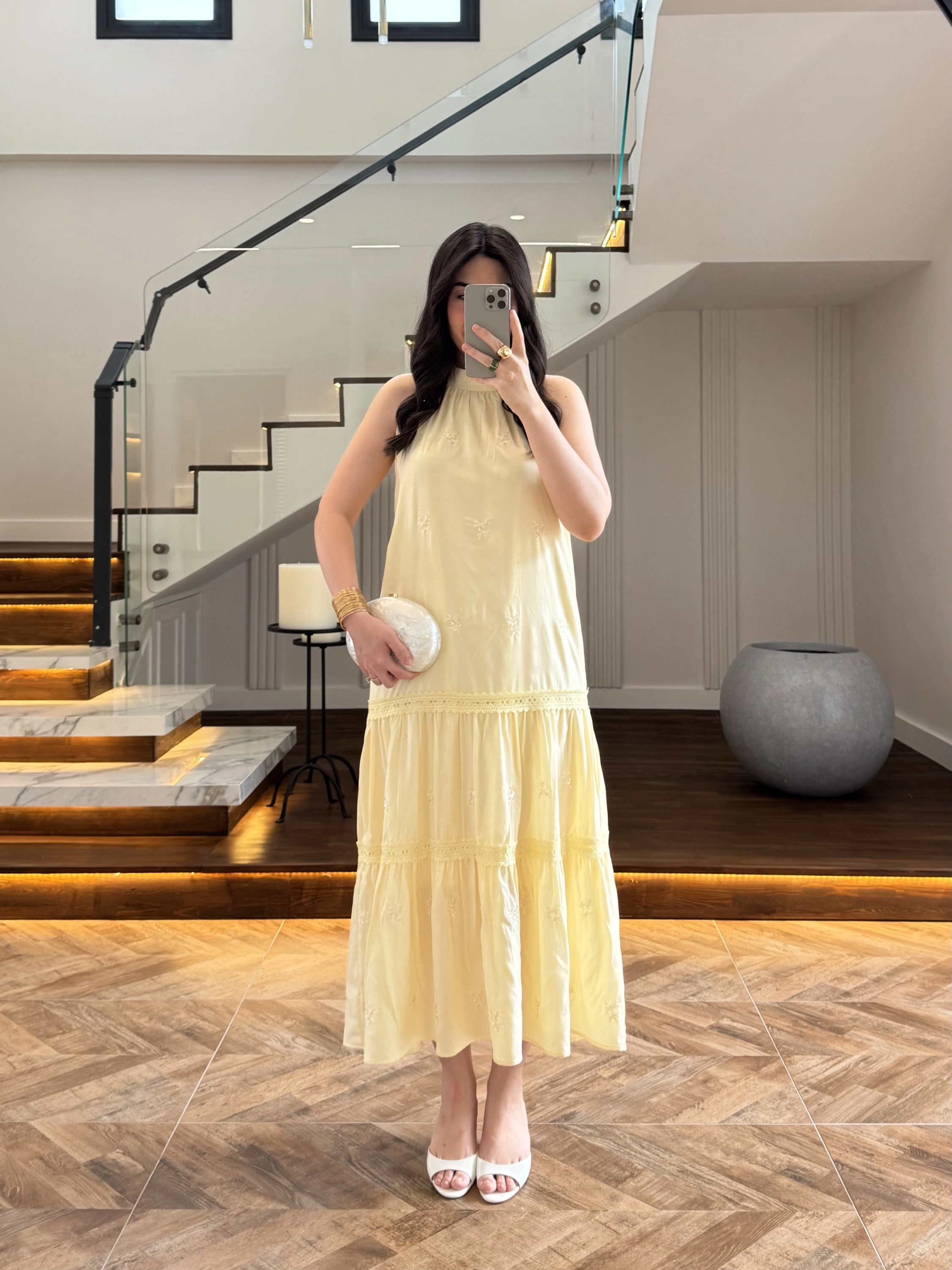SARI GÜPÜR DETAY KAT KAT ELBİSE-9614