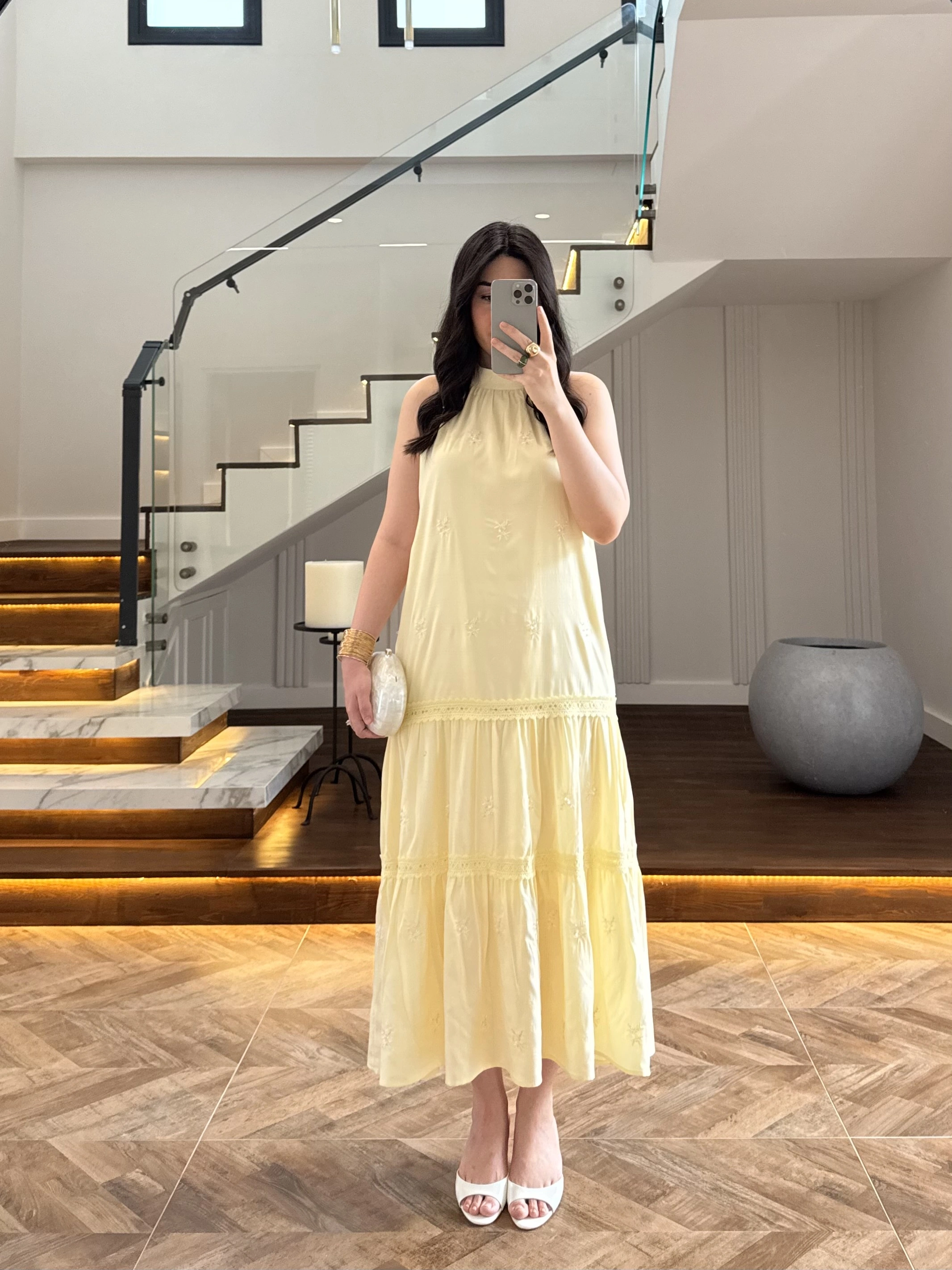 SARI GÜPÜR DETAY KAT KAT ELBİSE-9614