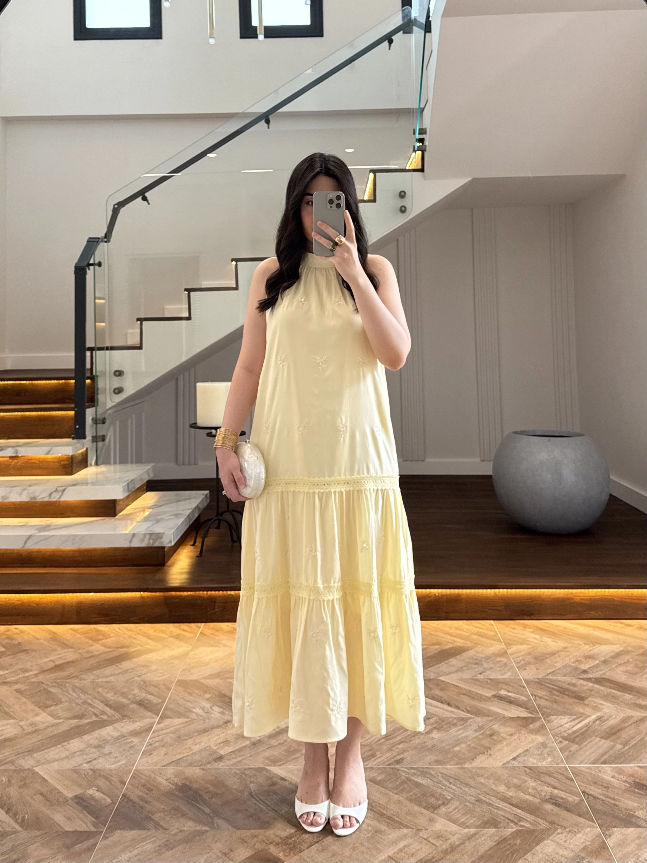 SARI GÜPÜR DETAY KAT KAT ELBİSE-9614