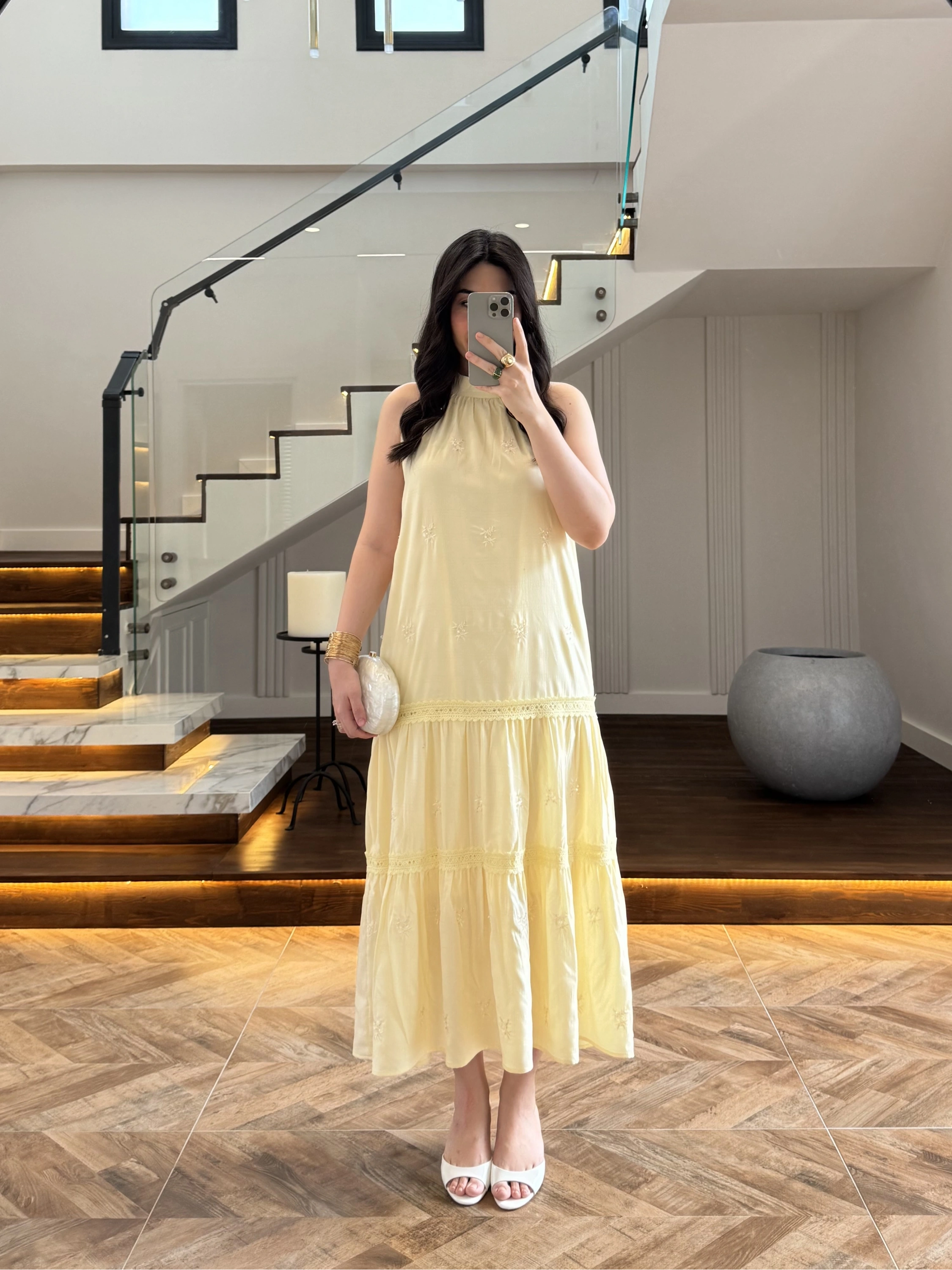 SARI GÜPÜR DETAY KAT KAT ELBİSE-9614